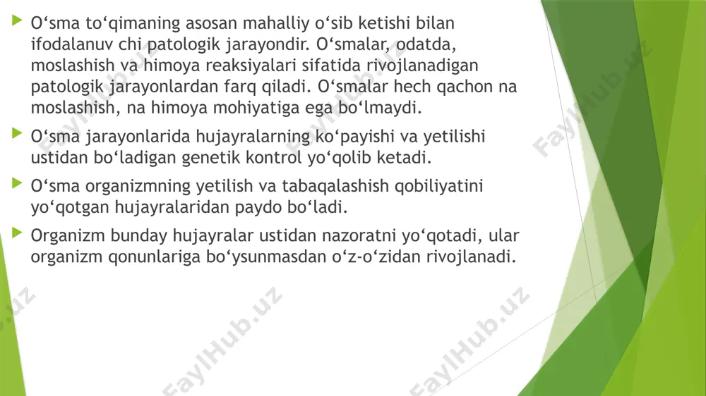 o‘pincha, chetga surilgan to‘qimaning atrofiyasi, ba’zan esa reaktiv yallig‘lanishi tufayli o‘sma atrafida fibroz kapsula hosil bo‘ladi. bunday o‘smani chegaralari aniq bilinib turgani uchun jarrohlik arala shuvi bilan oson olib tashlash mumkin bo‘ladi. infiltrativ o‘sish o‘sma hujayralari tortmalarining qo‘shni to‘qimalarga o‘sib kirishi bilan xarakterlanadi. bunday o‘sma hujayralari to‘qima oraliqlari limfa tomirlari va kapillyar qon tomirlariga o‘sib kiradi. o‘sma qo‘shni to‘qimalarga tortmalari bilan tarqalib ezib va chetlatibgina qolmay balki yemiradi ham. bunday o‘sish yetilmagan o‘smalarga mansub bo‘lib, ularni xavfsizligini xarakterlaydi. bunday o‘smalar tevarak-atrofdagi to‘qimalar bilan chambarchas bog‘langanligi uchun chegarasini aniq belgilab bo‘lmaydi. operatsiya qilib kesib tashlaganda, o‘sma butunlay olib tashlanadi deb ishonch hosil qilib bo‘lmaydi. ko‘pincha, operatsiyadan keyin bir qancha vaqt o‘tgach o‘sma tuguni kesib olib tash langan joyda o‘sma hujayralari qolganligi tufayli yangi o‘sma vujudga keladi. o‘sma o‘sishining tezligi turlicha va o‘smaning xarakteriga bog‘liq. yetilgan, xavfsiz o‘smalar, odatda, sekin o‘sadi. ularning o‘si shini yillab kuzatish mumkin, xavfsiz o‘smalarning ba’zi turlari juda …