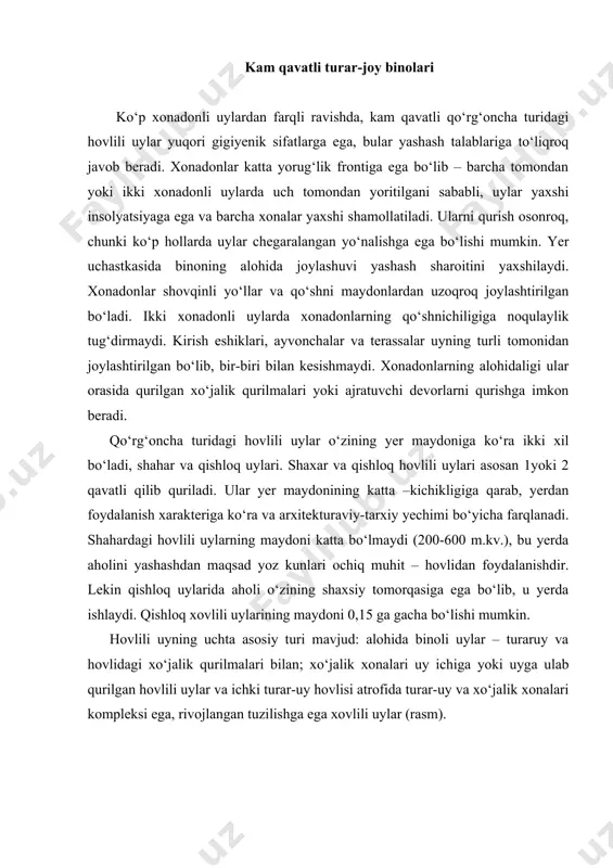 mas, pol sathi qo‘zg‘aluvchi uy, bunda uyning bir qismi bir qavatli bo‘ladi (rasmlar). rasm. turar uylarning ikki sathli (qavatli) qilib yechish usuli: a- mansardli uy; b-xonadonning bir qismi ikkinchi qavatda joylashgan (chordoqsiz yoki chordog‘ bilan); c-xonadonning xamma qismi ikki qavatda joylashgan (chordoqsiz yoki chordog‘i bilan); d-qiyalikda joylashgan uy; emansardli uyning qirqim qismidan fragment. rasm. har xil satxli besh xonali turar-joy xonadoni. mansardli uyda yuqori qavat xonalari chordoq chegarasida joylashadi. tom nishabi 45º dan kam bo‘lmasligi kerak. tom nishabining burchagi bundan kam bo‘lsa, mansardli qavatni o‘rnatish mumkin emas. chordoqdan to‘liq foydalanish uchun, yuqori qavat xonalari shifti kesilgan burchakli bo‘ladi. kesilgan qismlar devorlari balandligi 1,6 m dan kam bo‘lmasligi kerak. murakkab shaklli tomni o‘rnatishda, nishablar kesikli bo‘lganda, cherdak fazosidan to‘liq foydalaniladi – shiftlar gorizontal bo‘lib, devorlar bir balandlikka ega bo‘ladi (rasm). rasm. mansard tipidagi to‘rt xonali turar-joy uyi garaji bilan. arxitektor i.n.shishkov. ikkinchi qavati to‘liq bo‘lmagan uy tomi bir nishabli va ikki …