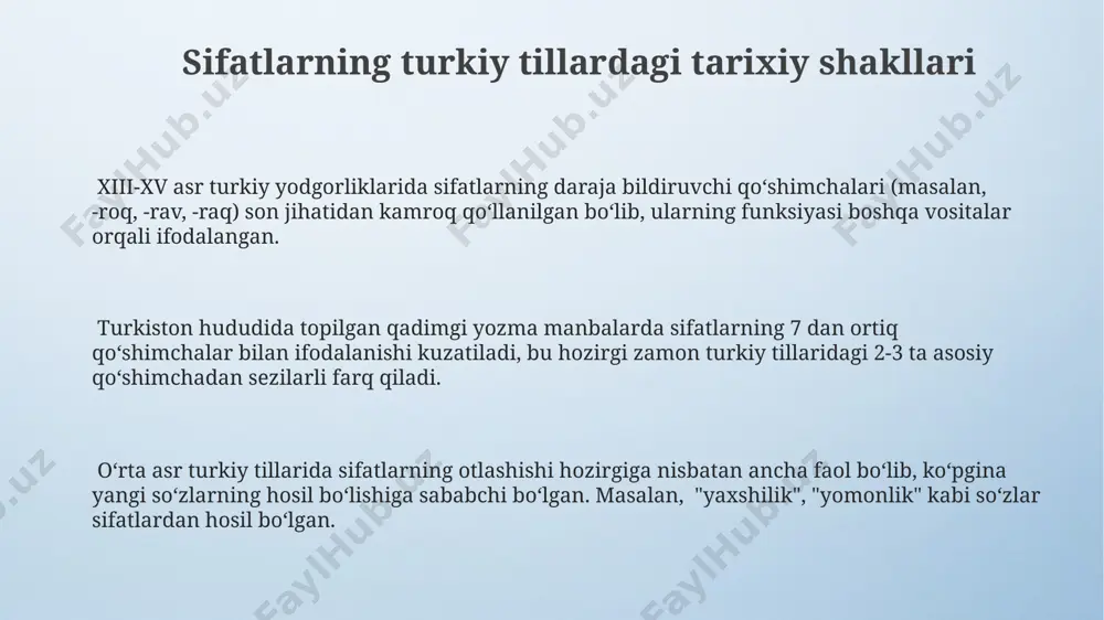 lgan. turkiy tillardagi so’z yasalishi usullarining tarixiy ko’rinishlari qadimgi turkiy yozuvlarda, milodiy viii-x asrlarga oid yozuvlarda, qo‘shimchalar orqali so‘z yasashning 30 dan ortiq usuli kuzatilgan. qipchoq guruhi tillarida esa, xvii-xviii asrlarda nomlarni sonlar bilan birlashtirish orqali murakkab so‘zlar yasash usuli ko‘proq uchragan. o‘g‘uz guruhi tillarida, xv asrdan boshlab, affiksatsiya jarayonida -lik/-lik/-lük kabi egalik qo‘shimchalari keng tarqalgan. undovlarning turkiy tillardagi tarixiy variantlari xvi-xvii asrlarda turkiy tillarda, ayniqsa, adabiy tillarda, undovlarning standartlashuvi jarayoni kuzatilgan bo’lib, bu davrda undovlar soni kamaygan va ularning qo’llanishi qat’iylashgan. undovlarning qadimgi turkiy yozuvlari, masalan, orxon-yenisey yozuvlarida uchraydigan variantlari, zamonaviy undovlarga nisbatan fonetik va morfologik jihatdan sezilarli farqlarni namoyon etadi. turkiy tillarning ba’zi shevalarida, masalan, o’zbek tilining ayrim hududlarida, 15-asrga oid manbalarga asoslanib, undovlarning morfologik jihatdan boyroq, 3-4 grammatik shaklga ega bo’lgan variantlari kuzatiladi. turkiy tillardagi fe’l shakllarining tarixiy o’zgarishlari xiii asrdan boshlab, turkiy tillardagi fe'l sistemasida, ayniqsa, modal fe'llar va ularning qo'shimchalari soni sezilarli darajada o'zgargan, ba'zilari …
