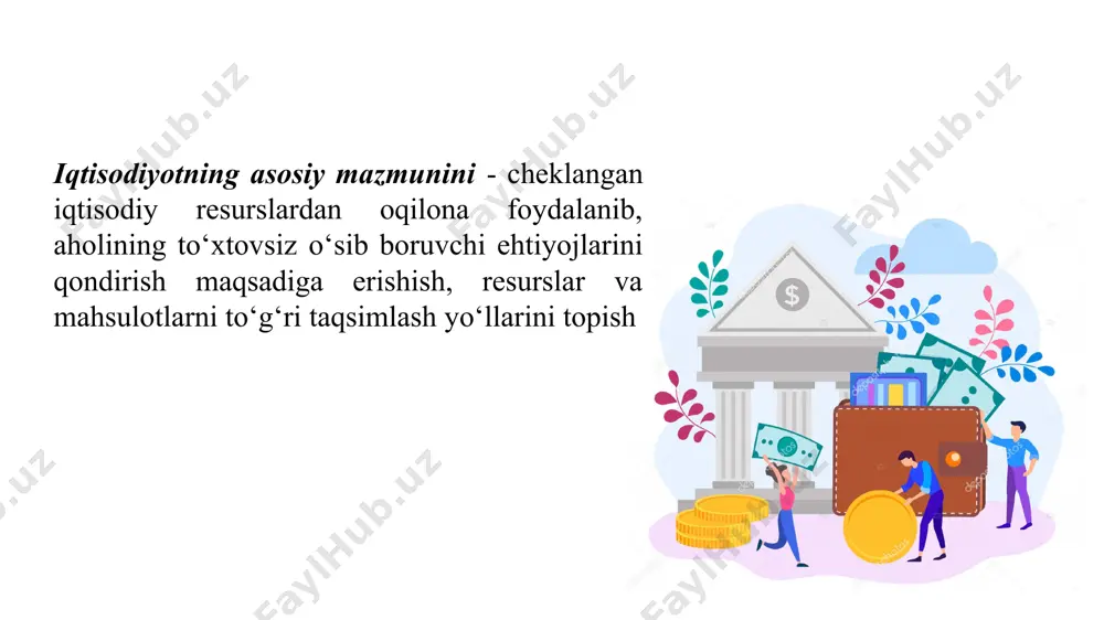 rib, ularni mehnat hamda cheklangan resurslarni tejash ruhida tarbiyalaydi. iqtisodiy qonunlar va kategoriyalar (ilmiy tushunchalar) iqtisodiyot nazariyasi fani iqtisodiy munosabatlarda amal qiladigan iqtisodiy qonunlarni ham o‘rganadi. iqtisodiy qonun – iqtisodiy hayotning turli tomonlari, iqtisodiy hodisa va jarayonlar o‘rtasidagi doimiy, takrorlanib turadigan, barqaror sabab-oqibat aloqalarini, ularning o‘zaro bog‘liqligini ifodalaydi. «iqtisodiyot nazariyasi» fani iqtisodiy qonunlarni quyidagi guruhlarga turkumlaydi: 1. umumiy iqtisodiy qonunlar – kishilik jamiyati rivojlanishining barcha bosqichlarida amal qiladi. masalan, vaqtni tejash qonuni, ehtiyojlarning tez o‘sib borish qonuni, takror ishlab chiqarish qonuni, ishlab chiqarish munosabatlarining ishlab chiqaruvchi kuchlar xususiyati va rivojlanish darajasi mos kelishi qonuni va boshqalar. 2. xususiy yoki davriy iqtisodiy qonunlar – insoniyat jamiyati taraqqiyotining ma’lum bosqichlarida amal qiladi. masalan, talab qonuni, taklif qonuni va qiymat qonuni. 3. maxsus, o‘ziga xos iqtisodiy qonunlar – alohida olingan iqtisodiy tizim sharoitida amal qiladi. masalan, qo‘shimcha qiymat qonuni. iqtisodiyot nazariyasi fanining predmeti va vazifalari iqtisodiyot nazariyasi fanining predmetini aniqlashga oid masalaning yechimi …