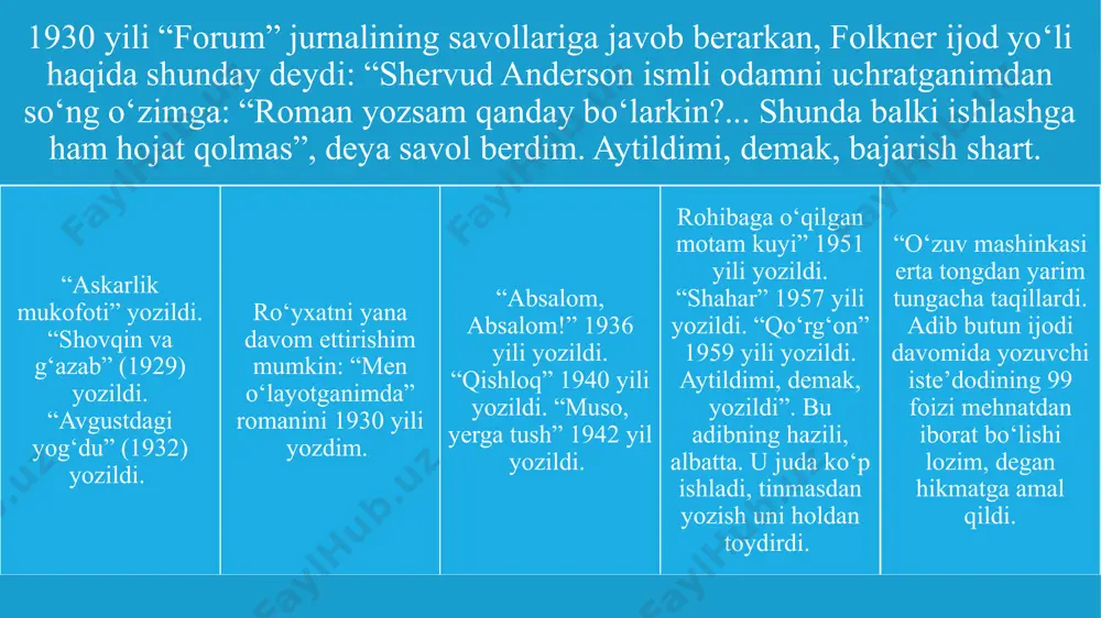 da yuzaga kelgan «xavfli yoz» va «okeandagi orollar» romanlari avvalgilariga qaraganda badiiy jihatdan ancha bo‘sh asarlar sanaladi. lekin ma’lum muddat o‘tib, heminguey insonning ruhiy holatini tadqiq etish bilan jamiyatdagi mavjud vaziyatni ochib berishga qodir asarlarni yaratdi. badiiy jihatdan ancha yuksak bo‘lgan «daryoning naryog‘ida, daraxtlar soyasida» (1950) romani, «chol va dengiz» (1952) qissasi xemingueyga katta shuhrat keltirdi. heminguey 20 asrda o‘zigagina xos bo‘lgan qatiy xolislikka asoslangan xarakterli uslubni yaratdiki, keyinchalik amerika qit’asidan yetishib chiqqan yozuvchilar bu uslubga teztez murojaat qiladigan bo‘lishdi. «chol va dengiz», «alvido, qurol!» va boshqa asarlari o‘zbek tiliga ibrohim g‘afurov tomonidan tarjima qilingan. 10 image2.png image3.jpeg /docprops/thumbnail.jpeg