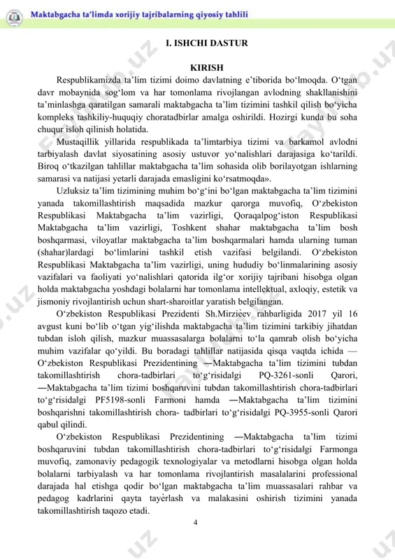 tini bildira olish; · xorijiy mamlakatlarni ijtimoiy-iqtisodiy rivojlantirishning ustuvor yo‘nalishlariga bag‘ishlangan maruzalarida ta’lim tizimini modernizatsiyalash bilan bog‘liq vazifalarni amaliyotga tatbiq etish malakalariga ega bo‘lishi lozim. · maktabgacha ta’limning kadrlar tayyorlash tizimini modernizatsiyalash jarayonida faol ishtirok etish; · ta’lim-tarbiya jarayonlariga milliy manfaat nuqtai nazaridan normativ-huquqiy hujjatlar asosida xulosalar chiqara olish kompetensiyalariga ega bo‘lishi lozim. modulni tashkil etish va o‘tkazish bo‘yicha tavsiyalar maktabgacha ta’limda xorijiy tajribalarning qiyosiy tahlili moduli nazariy mashg‘ulotlar shaklida olib boriladi. nazariy mashg‘ulotlarda xorijiy davlatlaridagi maktabgacha ta’lim sohasidagi dolzarb muammolar va tizim faoliyatini tubdan yaxshilashga qaratilgan islohotlarning mazmun-mohiyatini singdirishdan iborat. mashg‘ulotlarda texnik vositalardan, ekspress-so‘rovlar, ―swottahlil yoki ―fsmu metodlari bilan ishlash va boshqa interaktiv ta’lim usullaridan foydalanish nazarda tutiladi. modulning o‘quv rejadagi boshqa bloklar bilan bog‘liqligi va uzviyligi modul mazmuni o‘quv rejadagi ― maktabgacha ta’lim fanlarini o‘qitishning innovatsion muhitini loyihalash modul bilan uzviy bog‘langan holda kasbiy pedagogik tayyorgarlik darajasini orttirishga xizmat qiladi modulning uslubiy jihatdan uzviy ketma-ketligi mazkur modul ta’lim-tarbiya …