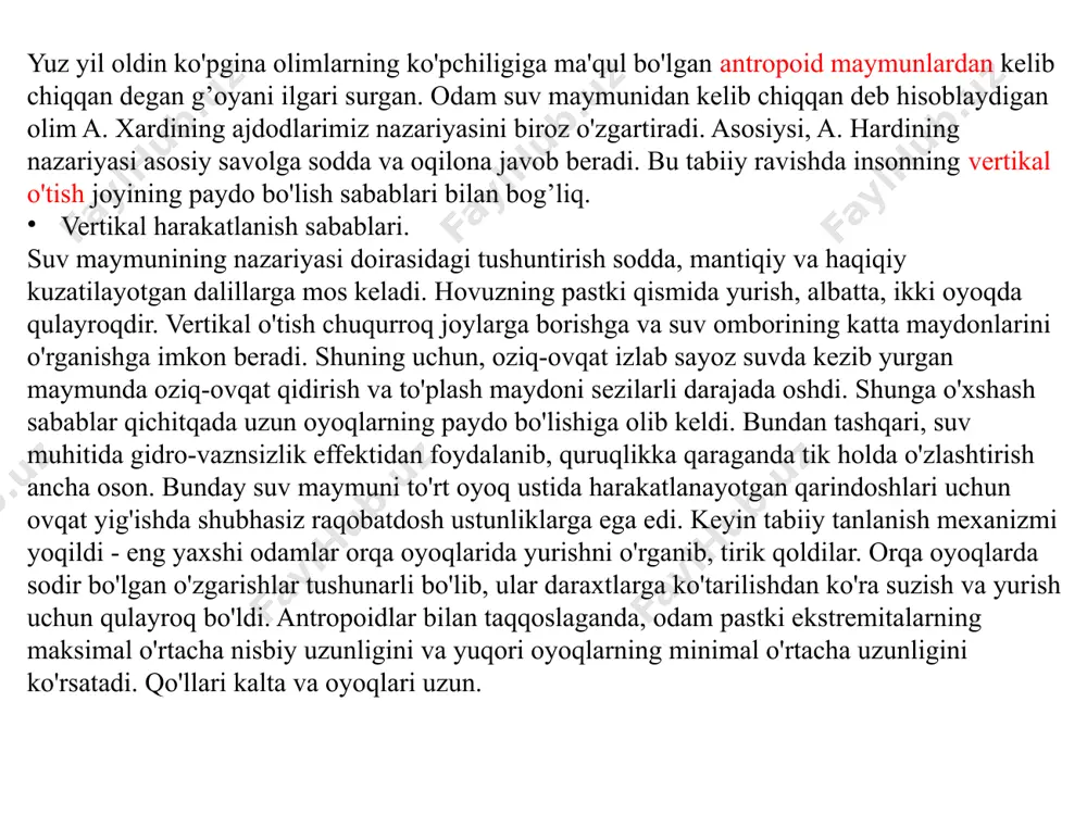 ishning hojati yo‘q edi. ammo, evolyusiya jarayonida yurak boshdan uzoqlashdi va arteriyalar nervni pastga tushishiga sababchi bo‘ldi. (arteriyalar orasida qolgan nerv evolyusiyaga uchrab pastga, ko‘krak qafasiga tortilgan) masalan, jirafalarda boshdan halqumgacha bo‘lgan masofa 10 sm bo‘lsada bu nerving uzunligi 4 metrni tashkil qiladi to‘g‘ri yurish yassi oyoq va bel og‘rig‘iga olib keladi. keraksiz aql tishlar. ko‘ruv nervimiz to‘r parda orqali rivojlanib, ko‘zda ko‘r nuqtani hosil qilgan, qaytuvchi halqum nervi keraksiz qo‘shimcha halqa hosil qilgan. tanamiz mukammal emas evolyutsiya dalillari tanamizda ilm-fanning rivojlanishiga qaramay, ayrimlar hali ham evolyutsiyaga ishonmaydi, shu sabab keling o'tgan davrlarning eng ko'zga ko'ringan "qoldiqlari" - ibtidoiy organlar haqida gaplashamiz. ulardan ba'zilari butunlay yoki deyarli foydasiz bo'lib qolgan uzun kaft mushaklari uzun kaft mushaklari. bu mushak atavizmdir. u ajdodlarimizning bizga qoldirgan "merosi". u tirnoqlarni chiqarish va daraxtdan daraxtga sakrashda ushlashni mustahkamlash uchun javobgar bo'lgan sizda bor yoki yo'qligini tekshirish qiyin emas: qo'lingizni kaftingiz bilan tekis yuzaga qo'ying, kichik …