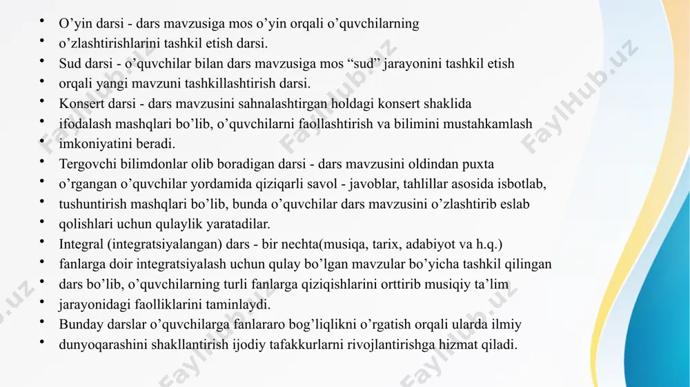 natijasi. 1. o’yin qoidalari. o’yinni olib borish va unga qatnashish tarkibini aniqlab beradi. qoidalar o’yin maqsadidagi mos holda o’quvchilar faoliyatini tartibga solish uchun kerak bo’ladi; 2. o’yin mazmuni o’quvchilarning bajarishi kerak bo’lgan harakatlari bilan aniqlanadi, musiqa darsida bu harakatlar ko’proq musiqa tinglash, musiqa savodi, musiqaga mos harakatlarni bajarish, jamoa bo’lib kuylash, bolalar cholg’u asboblarda jo’r bo’lish faoliyatidan iborat bo’ladi. o’yin jihozi o’yinni o’tkazish uchun kerak bo’lgan texnik vositalar, musiqa cholg’u asboblari, kartochka va ko’rgazmalardan iborat; 3. o’yin natijasi. qo’yilgan vazifaning bajarilishi bilan aniqlanadi. natija o’quvchilarni qoniqtirishi kerak . har bir didaktik o’yin jarayonida o’ziga hos vositalar turlari qo’llaniladi va mashg’ulot jarayonida ulardan to’gri, unumli va xavfsiz foydalanish lozim. bu vositalarni quyidagi turlarga ajratish mumkin. - konselyariya tovarlari - turli o’lchamlardagi oq va rangli qog’ozlar, skoch, flomasterlar, ruchka, qalam, chizg’ichlar, qaychi, yelim va boshqalar. - texnika vositalari - proektor, mikrofon, kompyuter, video kamera, video magnitafon, televizor va boshqalar. - musiqa cholg’u …