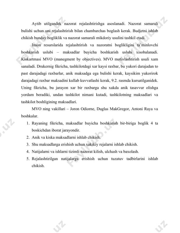 lsa, mvo jarayoni kelajakda boshka maksadlarni belgilash bilan kaytadan boshlanadi. strategik rejani baxolash. strategik rejani baxolash maksadlar va erishilgan natijalarni solishtirish yuli bilan amalga oshiriladi. baxolash uzluksiz va tizimli olib borilishi kerak. baxolash jarayoni strategiyani tartibga solish maksadida kullaniladi. strategik rejalashtirishni baxolashda kuyidagi 5 savolga javob berish lozim: 1. strategiya tashkilotning ichki imkoniyatlariga mos keladimi? 2. strategiya ma’lum darajadagi tavakkallikni takozo etadimi? 3. strategiyani amalga oshirish uchun tashkilot kerakli resurslarga egami? 4. strategiya tashki xavf va imkoniyatlarni xisobga oladimi? 5. strategiya firma resurslarini kullashda eng yaxshi usul xisoblanadimi? baxolash jarayonida bir kator mikdoriy va sifatiy mezonlar mavjud. mikdoriy mezonlarga kuyidagilar kiradi: bozordagi xissa, sotish xajmining oshishi, kadrlar kunimsizligi, xarajatlar darajasi, samarali ishlab chikarish va x.k. sifatiy mezonlarga esa, mijozlarga xizmat kursatish xajmini oshirish, bozor xakidagi bilimlarni chukurlashtirish, imkoniyatlardan foydalanish, xavf mikdorini kamaytirish va x.k. kiradi sifatiy va mikdoriy baxolash bilan boglik muammolar: vakt omili. juda xam kam strategiyalar tez uz …