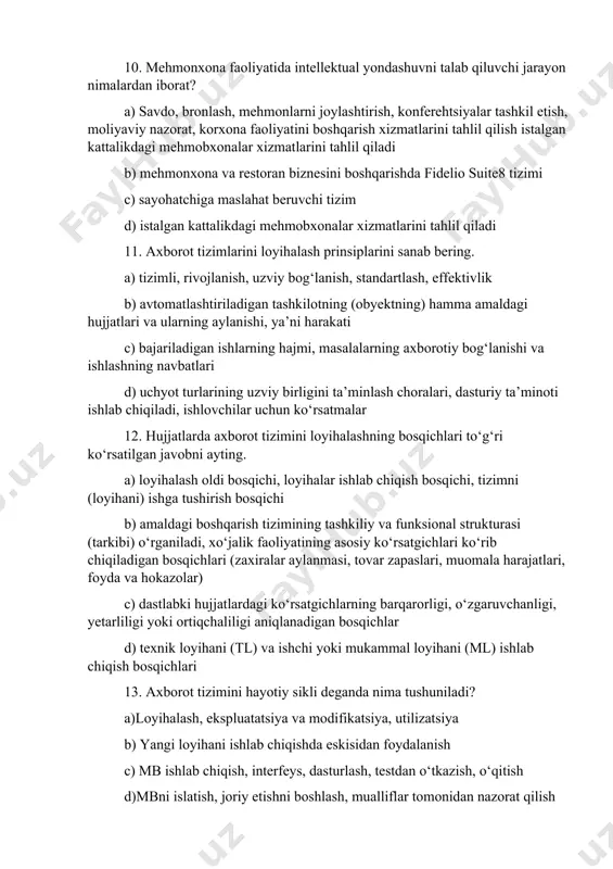 i ishlab chiqiladi, ishlovchilar uchun ko‘rsatmalar 12. hujjatlarda axborot tizimini loyihalashning bosqichlari to‘g‘ri ko‘rsatilgan javobni ayting. a) loyihalash oldi bosqichi, loyihalar ishlab chiqish bosqichi, tizimni (loyihani) ishga tushirish bosqichi b) amaldagi boshqarish tizimining tashkiliy va funksional strukturasi (tarkibi) o‘rganiladi, xo‘jalik faoliyatining asosiy ko‘rsatgichlari ko‘rib chiqiladigan bosqichlari (zaxiralar aylanmasi, tovar zapaslari, muomala harajatlari, foyda va hokazolar) c) dastlabki hujjatlardagi ko‘rsatgichlarning barqarorligi, o‘zgaruvchanligi, yetarliligi yoki ortiqchaliligi aniqlanadigan bosqichlar d) texnik loyihani (tl) va ishchi yoki mukammal loyihani (ml) ishlab chiqish bosqichlari 13. axborot tizimini hayotiy sikli deganda nima tushuniladi? a)loyihalash, ekspluatatsiya va modifikatsiya, utilizatsiya b) yangi loyihani ishlab chiqishda eskisidan foydalanish c) mb ishlab chiqish, interfeys, dasturlash, testdan o‘tkazish, o‘qitish d)mbni islatish, joriy etishni boshlash, mualliflar tomonidan nazorat qilish 14. ma’lumotlar bazasini tashkil qilish, ishlashni ta’minlash va rivojlantirishning til va dasturiy ta’minotining majmuasi nima deyiladi? a) ma’lumotlar bazasini boshqarish tizimi (mbbt) b) ma’lumotlar bilan amallar bajarishni ta’minlash tizimi c) ma’lumotlarni aniqlash va …