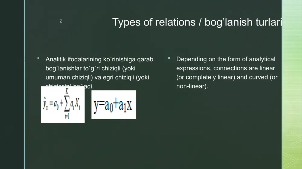 tlarga chiziq o'rnatish the objective of regression analysis is to use information about one variable, x, to draw some sort of conclusion concerning a second variable, y. regressiya tahlilining maqsadi bitta o'zgaruvchi, x, ikkinchi o'zgaruvchi, y haqida qandaydir xulosa chiqarish uchun ma'lumotlardan foydalanishdir. z linear regression: fitting a line to bivariate data / chiziqli regressiya: ikki o'zgaruvchan ma'lumotlarga chiziq o'rnatish scatterplots frequently exhibit a linear pattern. it is natural in such cases to summarize the relationship between the variables by finding a line that is as close as possible to the points in the plot. bunday hollarda syujetdagi nuqtalarga imkon qadar yaqin bo‘lgan chiziqni topib, o‘zgaruvchilar orasidagi bog‘lanishni umumlashtirish tabiiydir. z the least-squares line is often called the sample regression line. z z z z z z z z z z assessing the fit of a line / chiziqning mosligini baholash z z 0 z z z z coefficient of …