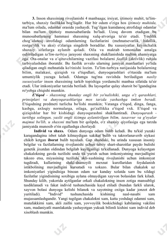 ayohat paytida u tez oqar va muzdek daryodan kechib o'tishini ta'minlash vazifasini o'z zimmasiga olmaguncha qadar uning shaxsini ta'riflaydigan belgi sifatida yuzaga chiqmasdan keladi. kishining individual xususiyatlari ularga shaxs sifatida mazkur kishi sub'ekt hisoblangan shaxslararo munosabatlar sistemasida zarurat tug'ulguncha ma'lum vaqtga qadar "soqov"ligicha qolib ketadi. shunday qilib individuallik inson shaxsiga hos fazilatlarning faqat bitta jihati bo'lib hisoblanadi, xolos. aynan shu sababli ham, pedogog uchun ahamiyatli o'quvchiga individual yondoshishni amalga oshirish vazifasini ajratib ko'rsatish kerak. bu esa o'quvchining psixologik xususiyatlarni xisobga olishni yoki o'quvchining o'z tengdoshlaridan nimasi bilan farq qilishi va shu munosabat bilan tarbiyaviy ishni qanday tashkil qilish kerakligini anlqlashni taqazo etadi. o'quvchining haqiqiy munosabatlar sistemasiga kiradigan shaxsi hamisha pedogogning diqqat markazida turishi, o'quvchilarning ma'naviy dunyosini boyitish, pedagogning doimiy vazifasi bo'lib qolishi kerak. 2. psixologiyada ikkita omil - biologik va ijtimoiy omillar ta'sirida shakllangan ikki asosiy kichik struktura borligi ta'kidlanadi. inson shaxsining o'zi "endopsixik va ekzopsixik" tuzilishga bo'linadi. endopsixika- ichki …