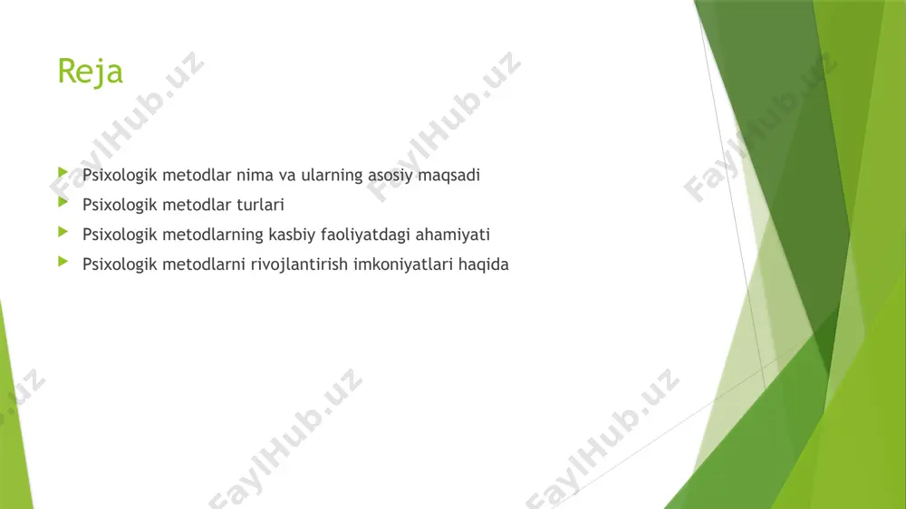 chun ishlatiladi. masalan, yangi o‘quv dasturining samaradorligini o‘rganish. samaradorlik: odatda yuqori darajadagi aniqlik va ishonchlilikka ega, chunki tadqiqotchi shartlarni nazorat qiladi so‘rovnoma: qo‘llanish: katta guruhdagi insonlarning fikrlarini, his-tuyg‘ularini yoki xulq-atvorini o‘rganish uchun qo‘llaniladi. masalan, ijtimoiy mavzularda yoki iste'molchilar xulq-atvorida so‘rovnomalar o‘tkazish. samaradorlik: tez va samarali ma'lumot to‘plash imkonini beradi, ammo natijalar ishonchliligi savol ostida bo‘lishi mumkin. intervyu: qo‘llanish: shaxsiy tajribalarni chuqurroq o‘rganish uchun ishlatiladi. masalan, psixologik muammolar yoki shaxsiy rivojlanish haqida suhbatlar. samaradorlik: yuqori darajadagi tafsilotlarni olish imkonini beradi, lekin vaqt talab etadi va subyektiv fikrga bog‘liq bo‘lishi mumkin. 2. diagnostika metodlari qo‘llanish: shaxsning psixologik holatini, qobiliyatlarini yoki shaxsiyatini baholash uchun ishlatiladi. masalan, iq testlari yoki shaxsiyat testlari. samaradorlik: odatda standartlashtirilgan va ob'ektiv natijalar beradi, lekin ba'zi testlar madaniy kontekstga bog‘liq bo‘lishi mumkin. psixologik baholash: qo‘llanish: muayyan psixologik muammolarni aniqlash va baholash uchun qo‘llaniladi. misol uchun, depressiya yoki ansiyete darajasini baholash. samaradorlik: psixologik muammolarni aniqlashda aniq va ishonchli usul bo'lishi …
