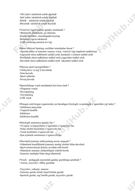 infektsion jarayonlar -yuqumli kasallik -infektsiya -infektsion kasallik #patologik anatomiya qanday fan ? +to’qima va hujayralarni o’zgarishini o’rganuvchi fan -nafas olishni buzilishini o’rganuvchi fan -yurak tuzilishini o’rganuvchi fan -qon aylanish sistemasini o’rganuvchi fan #davolash jismoniy tarbiyasining asosiy maqsadi ? +odamlarni kasalliklarda jismoniy mashg’ulotlari bilan davolash -sport trenirovkasini doimiy ravishda olib borish -odamlarni umumiy chidamliligini oshirib borish -jismoniy mashqlar bilan shug’ullantirish #vrach – pedagogik nazoratida qanday guruhlarga ajratiladi ? +asosiy, tayyorlov, tibbiy guruhlar -tayyorlov, yakuniy, maxsus -jismoniy guruh, kirish, kasal bolalar guruhi -sportchi guruhi, sog’lomlik guruhi, tayyorlov guruhi #travma bu ? +to’qimalarning shikastlanishi -quloqning og’irlashishi -qo’lning shikastlanishi -ko’zning xiralashishi #bolalardagi semirib ketishning asosiy sabablari ? +jismoniy harakat kamligi, nasldan naslga berilishi, modda almashinuvi buzilishi -nerv sistemasi faoliyatining buzilishi, nasldan naslga berilishi -nafas olishning buzilishi, modda almashinuvi buzilishi -qon aylanishining buzilishi, jismoniy harakat kamligi #profilaktika so’zining ma’nosi -? +oldini olish -dori-darmon -davolash -chora tadbir #odamdagi o’rtacha qon bosimi (davleniye)ni aniqlang (simob ustuni hisobida)? …
