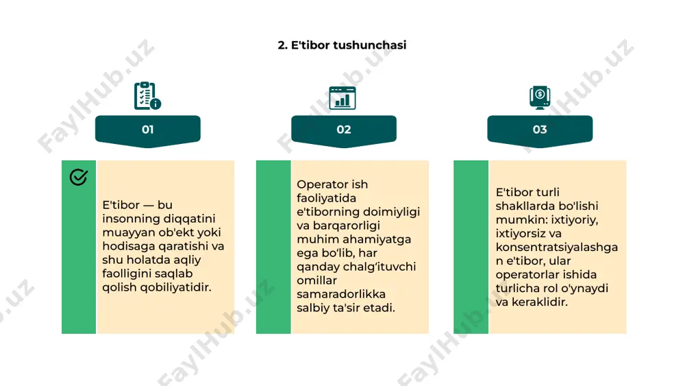 mavjud: chuqur nafas olish, musiqani tinglash va tabiatda qisqacha sayr qilish samaralidir. yengil jismoniy mashqlar yoki meditatsiya qilish operatorning hushyorligini oshirib, uning diqqat markazini tiklashga yordam beruvchi vositalardan biri bo'lishi mumkin. 13. texnologiyaning yordamchi roli 01. operatorning ish samaradorligi uning e’tibor va xushyorlik darajasiga bog‘liq. texnologiyalar bu jarayonda undan ortiqcha yukni olib tashlaydi. zamonaviy texnik vositalar operatorlarning diqqatini boshqarishda yordam beradi. avtomatik tizimlar e’tiborning barqarorligini ta’minlab, charchoqqa qarshi kurashadi. sensorlar, signalizatsiyalar va monitoring tizimlari operatorning holatini kuzatadi. ular xushyorlikning pasayishini aniqlab, zarur choralarni ko‘rishni osonlashtiradi. 02. 03. 14. mashg'ulot va tayyorgarlikning ahamiyati 01 02 03 operatorning diqqat va hushyorlik darajasi doimiy rivojlanishga muhtoj. mashg'ulotlar ushbu qobiliyatlarni mustahkamlashda muhim rol o'ynaydi, xatolarni kamaytirishga yordam beradi. tayyorgarlik operatorga murakkab vaziyatlarda to‘g‘ri qaror qabul qilish imkonini beradi. bu orqali xavfsizlik va samaradorlik sezilarli darajada oshadi. doimiy mashg‘ulotlar operator psixologik va jismoniy tayyorgarligini oshiradi. bu esa ish samaradorligiga ijobiy ta’sir ko‘rsatib, stressni kamaytiradi. 15. …