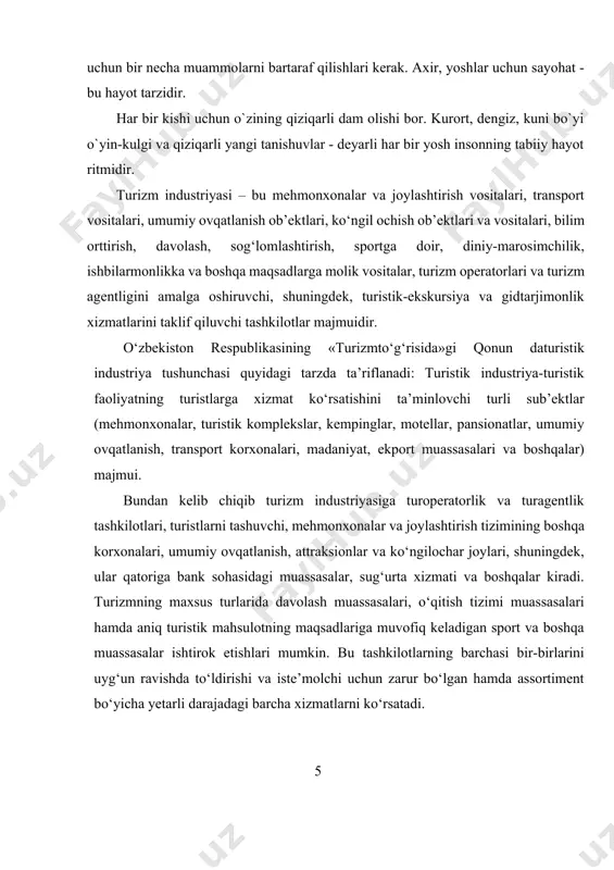 shiruvchi birqancha turli xildagi korxonalar, chunonchi: turizmni tashkillashtiruvchi turoperator va turistik agentliklar mavjud. turizm tashkilotchilariga turizm sohasidagi ikki xil korxona mansubdir: turoperatorlar va turistik agentliklar. bu korxonalar turizm xizmatining o‘zi bilan bevosita shug‘ullanmaydilar, balki faqat iste’molchi (turist) bilan bevosita xizmat ko‘rsatuvchining o‘rtasida vositachilik vazifasini bajaradilar. turoperatorlar turistik mahsulotni shakllantirishni (tuzish yoki loyihalash), uni bozor tomon harakatini, shuningdek realizatsiya qilinishini amalga oshiruvchi yuridik yoki jismoniy shaxsdir. shuningdek, turoperator turistik mahsulotni iste’molchi (turist) oldida bajarilishi uchun javob beradi va amalda turistik mahsulotni nazorat qilish va operativ kuzatib borishni amalga oshiradi. turistik agentliklar (turagent) – bu iste’molchiga, ya’ni turistga yoki mijozlarga ayrim turistik xizmatlar va turlarni chakana sotish funksiyasini amalga oshiruvchi yuridik yoki jismoniy shaxsdir. · o‘yin-kulgu va bo‘sh vaqtini mazmunli o‘tkazish bo‘yicha korxonalar – bularga tematik parklar, kino konsert zallari, o‘yin avtomatlari joylashgan zallar kiradi va buyerlarda turistlar bo‘sh vaqtini mazmunli o‘tkazishlari mumkin. · ovqatlantirish korxonalari – restoran, kafe, bar, chiyxona va …