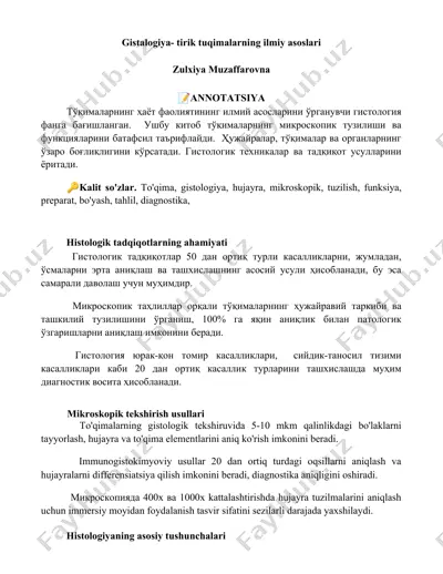 gistalogiya - tirik to'qimalarning ilmiy asoslari — DOCX