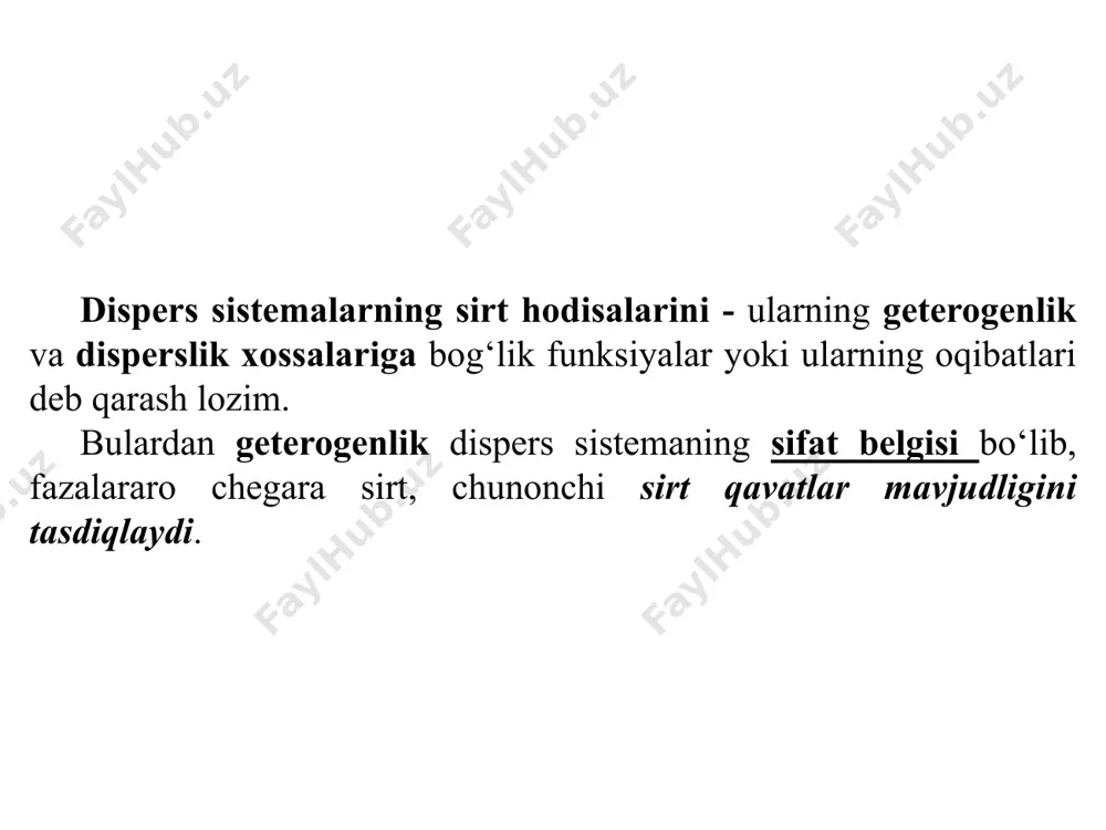 ror topmaydi. 13 korroziya va β–sdofda ingibitorining ingibirlash mexanizmlari yutilgan moddaning sathdan qaytib chiqish xodisasi – desorbsiya deyiladi. desorbsiya jarayoni issiqlik yutilishi bilan boradi. adsorbsiyada esa issiqlik ajralib chiqar edi. adsorbsiya juda katta tezlik bilan boradi, ayniqsa adsorbent sathi bo‘sh bo‘lsa. g‘ovak adsorbentlarda jarayon sekinroq boradi. adsorbsiya darajasi - adsorbent va adsorbtivning tabiatiga, haroratga, gazning bosimi yoki eritmaning konsentratsiyasiga, shuningdek adsorbentning solishtirma sathiga bog‘liq. adsorbsiya tanlash xususiyatiga ega. qutbli adsorbatlar qutbli adsorbentlarda, qutbsiz adsorbentlarda qutbsiz adsorbatlar yaxshi adsorbsiyalanadi. masalan, ko‘mirni suvga aralashtirsak, u suvni yutmaydi. agar suvda biror organik modda eritilsa, unda ko‘mir erigan moddani yutadi. silikagel esa suvni yaxshi adsorbsiyalaydi. uning bu xossasidan quritish usullarida foydalaniladi. demak, adsorbentlar – gidrofil (sathida suv, spirt, aminlar yaxshi adsorbsiyalanadi) va –gidrofob (benzol) adsorbentlarga bo‘linadi. xemosorbsiya. yutilish jarayoni adsorbent va adsorbtiv molekulalarining kimyoviy ta’sirlashuvi natijasida sodir bo‘lsa, xemosorbsiya deyiladi. xemosorbsiyada muvozanat yuzaga kelmaydi, adsorbsiya qaytmas bo‘ladi. xemosorbsiya natijasida adsorbent sathida yangi modda hosil …