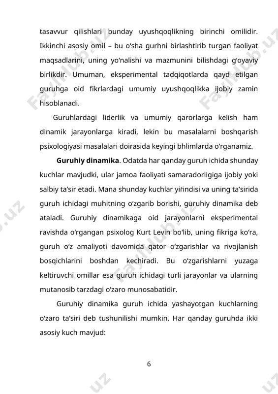 ga boѓliq. ushbu shart samarali faoliyat ko‘rsatuvchi komandalarning xarakterini belgilaydi. shu munosabat bilan rahbar jamoa a’zolarini o‘zaro ahillikka, ularda sheriklik hissini uyѓotishga intilishi lozim. guruhiy dinamikani ta’riflovchi jihatlardan yana biri, guruhning rivojlanish bosqichlaridan kelib chiqadi. guruhlardagi o‘zaro munosabatlar yuqoridan pastga yoki aksincha bo‘lib,guruh a’zolarining konkret mavqelari, boshliq bilan bo‘ysunuvchilar o‘rtasidagi munosabatlarni o‘z ichiga oladi. bu borada “lider” va “boshliq” tushunchalari o‘rtasidagi farqlar haqida gapirish lozim. b.d.parigin bu ikki tushunchani farqlab shunday yozadi: 1) lider asosan guruhdagi shaxslararo munosabatlarni boshqarsa, rahbar – shu guruhdagi rasmiy munosabatlarni boshqaradi; 2) liderlik kichik guruhlargagina xos bo‘lgan hodisa bo‘lsa, rahbarlikning haq-huquqlari katta guruhlar doirasida ham sodir bo‘lishi, amalga oshirilishi mumkin; 3) agar liderlik stixiyali, betartib jarayon bo‘lsa, rahbarlik maqsadga qaratilgan jamiyatda ishlab chiqilgan normalar tartiblar asosida saylovlar oqibatida sodir bo‘ladigan hodisadir; 4) liderlik rahbarlikka nisbatan vaqtinchalik hodisa bo‘lib guruh a’zolaring kutishlari, ularning kayfiyatlari, faoliyat yo‘nalishiga qarab, uzoqroq muddatda yoki qiqa muddatda ro‘y beradi. 5) rahbarning …