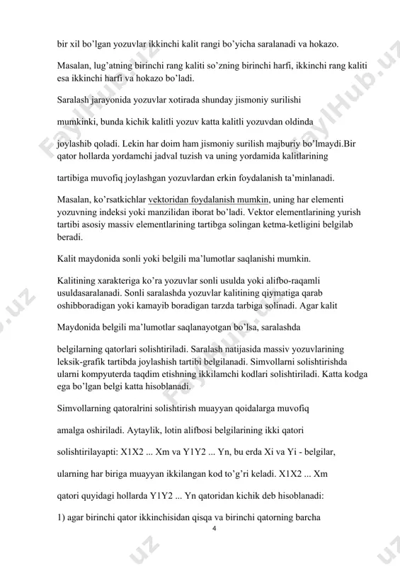 aqqoslashlar soni m bilan aniqlash mumkin. mmin = 1, mmax = n. agar ma’lumotlar massiv yacheykasida bir xil ehtimollik bilan taqsimlangan bo’lsa, u holda m =(n + 1)/2 bo’ladi. agar kerakli element jadvalda yo’q bo’lib, uni jadvalga qo’shish lozim bo’lsa, u holda yuqorida keltirilgan algoritmdagi oxirgi ikkita operator quyidagicha almashtiriladi. n=n+1; k[n-1]:=key; r[n-1]:=rec; search:=n-1; return search; agar ma’lumotlar jadvali bir bog’lamli ro’yhat ko’rinishida berilgan bo’lsa u holda ketma-ket qidiruv ro’yhatda amalga oshiriladi. birbog’lamli ro’yhatning ko’rinishi chiziqli bir bog’lamli ro’yhatdan key kalitga mos elementni ketma-ket qidiruv usuli yordamida izlab topish dasturi. node *q=null; node *p=lst; while (p !=null){ if (p->k == key){ search = p; return search; } q = p; p = p->nxt; } node *s=new node;; s->k=key; s->r=rec; s->nxt= null; if (q == null){ s->nxt=lst; lst = s; } else q->nxt = s; search= s; return search; ro’yhatli tuzilmaning afzalligi shundan iboratki, ro’yhatga elementni qo’shish yoki o’chirish tez amalga …