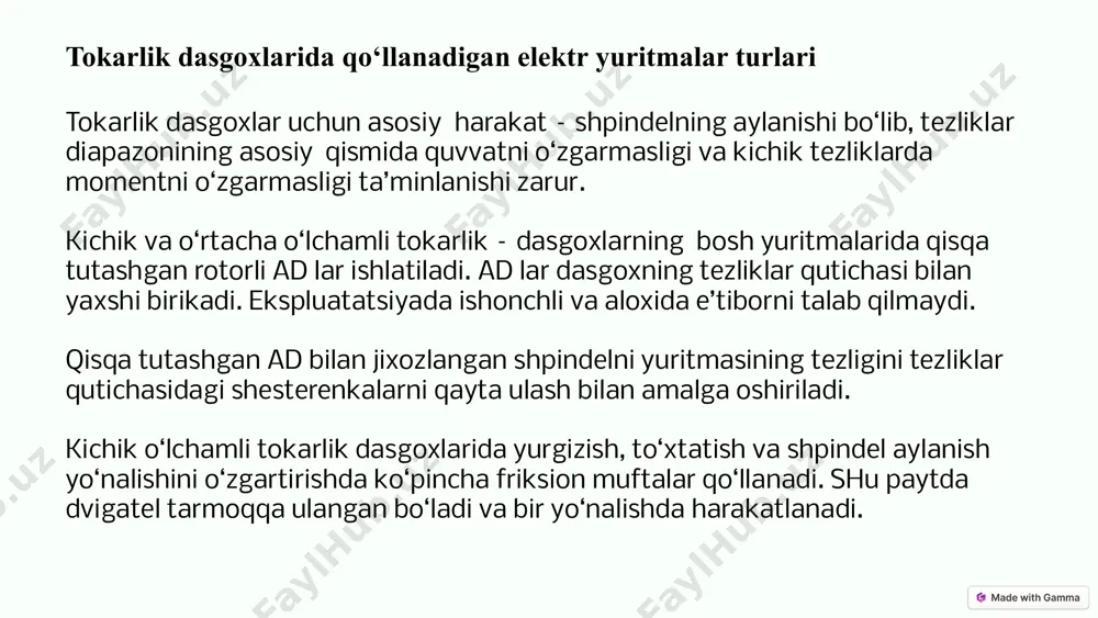 ikaviy ko‘rsatkichlarga ega: 1.stanina ustida o‘rnatilgan maxsulotning eng katta diametri, 400 mm 2.ishlov berilayotgan maxsulotning eng katta diametri, 45 mm markazlararo masofa 1000 mm 3.shpindelning aylanma tezligining pog‘onalari 23 (12,5 dan 2000 ayl/min gacha) o`zgaruvchan tokli (ac) elektr yuritmalar o’zgaruvchan tokli elektr yuritmalar yuqori kuchlanishli dastgohlarda qo‘llaniladi va ular yuqori quvvatga ega. ac dvigatellari odatda to‘g‘ri tokli dvigatellardan ko‘ra bardoshliroq va ishonchliroq bo‘ladi. afzalliklari yuqori quvvat bardoshlilik ishonchlilik kamchiliklari murakkab boshqarish tezlikni o‘zgartirish qiyin 8 punkt-kontakt elektr yuritmalar punkt-kontaktli elektr yuritmalar harakatni aniq va silliq tarzda uzatish uchun qo‘llaniladi va ular dastgohning aniqligiga yaxshi ta‘sir qiladi. bu turdagi elektr yuritmalar, masalan, servomotorlar yoki step-motorlar tomonidan boshqariladi va ular yuqori darajada aniqlik va tezlikni ta‘minlaydi. aniqlik yuqori darajada aniqlik tezlik yuqori tezlik silliqlik silliq harakatni ta‘minlash 9 masofaviy boshqariladigan elektr yuritmalar masofaviy boshqariladigan elektr yuritmalar dastgohni masofadan boshqarish imkoniyatini beradi, bu esa operatorlarning ish sharoitlarini yaxshilaydi. bu turdagi elektr yuritmalar, odatda, …