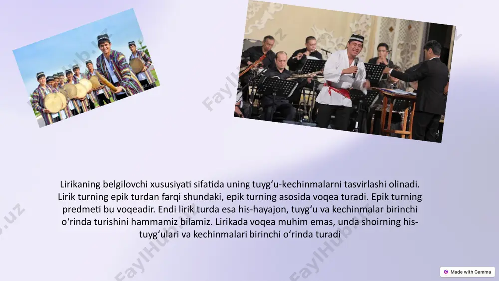 ehr tovlanishlarini aks ettiradi: o, shugina, shuginagina, munchagina tunchagina. shunchagina-kunchagina. yashnab turgan g‘unchagina. alla alla qo’shiq san’atining eng qadimiy turi bo’lib yosh bolalarni uxlatish, orom oldirish uchun beshikka; belab, belanchakka solib, tebratib, onalarning allalab kuylaydigan qo’shig’idir. qo’shiqning bu turi ham cholg’usiz mayin orom beruvchi ohang bilan kuylanadi. tibbiyot olamining allomasi abu ali ibn sino o‘zining «tib qonunlari» asarining 1-kitobida shunday yozadi: «bolaning mizojini kuchaytirmoq uchun unga ikki narsani qo‘llamoq kerak. biri bolani sekin-sekin tebratish, ikkinchisi, uni uxlatish uchun odat bo‘lib qolgan musiqa va ashuladir. shu ikkisini kabul qilish miqdoriga qarab bolaning tanasi bilan badan tarbiyaga va ruhi bilan musiqaga bo‘lgan iste’dodi hosil qilinadi». bobokalonlarimiz-ning alla ga bo‘lgan munosabati… tol ichinda tanlab olgan, tol chovkonim bolam, alla. gul ichinda iskab olgan, guli rayhonim, bolam, alla. yo‘lbarslarday yuraklim, qoplonlarday bilaklim, alla yaxshi-yomon kunimda, menga juda keraklim, alla. alladan parcha… alla bolam, alla. jonim bolam, alla, ikki ko'zim alla, shirin so'zim alla. alla …