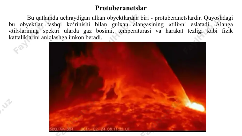 ni vujudga keltiradi. quyosh radiatsiyasi shuningdek, ionosferaning ionlanish darajasi keskin orttiradi. bu esa, o‘z navbatida, atmosferaning bu qatl amlarining elektr o‘tkazuvchanligini, elektromagnit nurlarni qaytara olish qobiliyatiga salbiy ta’sir ko‘rsatadi. ba’zan quyoshdan kelayotgan kuchli korpuskular oqim, yuqori konsentratsiyali ionosferada qisqa to‘lqinli radionurlarning yutilish darajasini shu qadar orttiradiki, natijada uzoq masofaga qisqa to‘lqinli radiosignallarning uzatilishida bir necha daqiqali uzilish ro‘y beradi. quyosh aktivligi va yerda ro‘y beradigan epidemik kasalliklar orasidagi bog‘lanishni o‘rganishda rus olimi professor a.l. chijevskiyning hissasi katta. u keng tarqaladigan o‘lat, vabo, difteriya, qaytarma tif, bo‘g‘ma kabi epidemik kasalliklarni o‘rganib, ularning boshlanishi, rivojlanishi va tugashi quyosh aktivligining turli fazalariga mos kelishini aniqladi savol va topshiriqlar: quyosh atmosferasining qaysi qatlami xromosfera deyiladi? protuberanetslarning quyosh dog‘lari bilan bog‘liqligi bormi? xromosfera chaqnashlarining quvvatini qanday tasavvur qilasiz? quyoshning radionurlanishi, asosan, atmosferasining qaysi qatlamida ro‘y beradi? quyosh energiyasining manbayi nimada? quyosh aktivligi undagi qaysi obyektlarning soniga nisbatan belgilanadi? quyosh aktivligi yer atmosferasidagi qanday hodisalarda va …