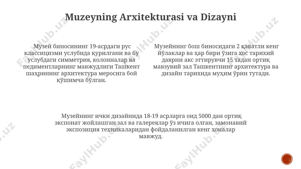 k loyihalari orqali, jahon miqyosida oʻzbekiston madaniyatini targʻib qilishda sezilarli darajada namoyon boʻladi. oʻzbekiston davlat madaniy tarix muzeyi, 500 000 dan ortiq eksponatlari bilan, toshkent shahrida joylashgan boʻlib, mamlakatning boy tarixiy va madaniy merosini oʻrganishga katta hissa qoʻshadi. e'tiboringiz uchun rahmat @taqdimot_robot image1.png image2.png image3.png image4.png image5.png image6.png