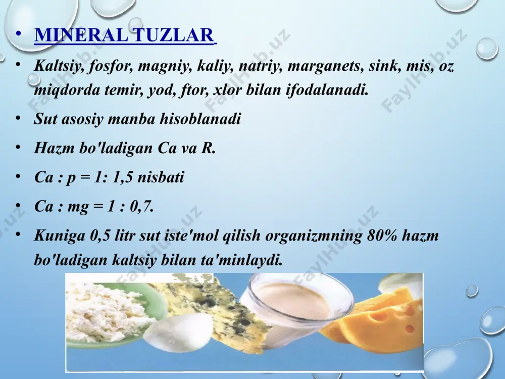 lanish chastotasi bir xilda bo‘lishi kerak; - sut tarkibida qancha ko‘p yog‘ bo‘lsa,separatlash natijasida shuncha ko‘p qaymoq ajratib olinadi achitqi sut mahsulotlari texnologiyasi kefir- achitilgan sut mahsulotlaridan eng ko‘p tarqalgani kefir ichimligidir. kefir sutga zamburug‘i asosida tayyorlangan tomizg‘i ta‘sir ettirilib hosil qilinadi. kislataligiga qarab ukuchsiz (1 kunlik),o‘rtacha (2kunlik) va kuchli (3kunlik) kefirga bo‘linadi. ishlatilgan xomashyoga qarab tarkibi 1,2;2;5,3 va 6% yog‘li, yog‘siz,c vitaminli,‘‘tallin‘‘,‘‘osobiy‘‘ kefirlari ishlab chiqariladi. optimal ravishda kefir hosil qilish uchun ivitish jarayonini 20-25˚ c haroratda va 8-12 soat davomida olib boriladi. sifatiga ko‘ra kefirning konsistensiyasi bir jinsli, quyuqligi buzilmagan bo‘lishi kerak. tvorog- pasterizatsiyalangan sutni sut kislatasi bakteriyalari sof kulturasi va shirdon fermenti (yoki usiz) bilan bijg‘itish natijasida olingan mahsulotdir.sut kislatasi sof bakteriyalari (kislatali usul) ishlatilganda zardob ajralishini tezlatish uchun hosil bo‘lgan quyuqlik isitib turiladi.bunday usulda tayyorlangan tvorogning yog‘i kam yoki yog‘siz bo‘ladi,chunki isitish paytida quyqadagi yo‘gning ko‘pgina miqdori zardobga o‘tib ketadi.tvorog-oqsilli mahsulot bo‘lib,uning asosini kazein tashkil etadi.tvorog kalsiy,fosfor,magniy …