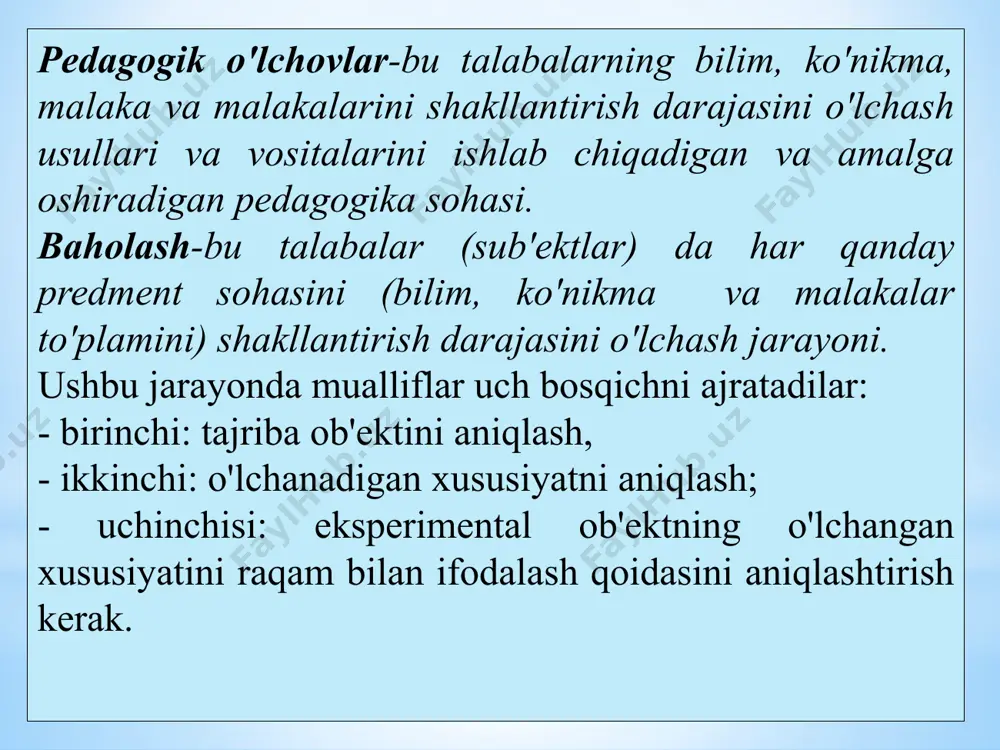 a, test ma'lum o’quv materiali asosida tuziladi, bilimlarni nazorat qilish maqsadiga qaratiladi, faoliyatda bilimlarni tekshirish vazifasini bajaradi, berilgan javoblardan to’g’risini yoki eng to’g’risini ajratish metodi bilan bajariladi. test sinovlarining asosiy maqsadi: ham o’tilgan darslarni o’zlashtirish darajasi to’g’risida, ham navbatda o’rganilishi lozim bo’lgan dars hajmi to’g’risida o’qituvchiga axborot berish; o’qituvchiga o’qitish uslubini tanlashda yordam berishdan iborat deb hisoblangan. test turlari va test topshiriqlari shakllari agar testlarni turkumlashda ularning qo’llash maqsadi va vazifalariga asoslanadigan bo’lsak, psixologik testlardan boshqa barcha testlarni quyidagi uch guruhga ajratish mumkin: intellektual rivojlanish darajasini aniqlovchi testlar; pedagogik testlar; muayyan kasbga yaroqlilikni aniqlovchi testlar; fanning mazmunidan kelib chiqqan holda biz faqat pedagogik test haqida to’xtalamiz. adabiyotlarda bunday test topshiriqlarining quyidagi shakllari bayon etiladi. birdan-bir to’g’ri javobi bo’lgan yopiq topshiriqlar; bir necha to’g’ri javoblari nazarda tutilgan yopiq topshiriqlar; bitta so’z (yoki so’zlar) tushirib qoldirilgan gapdan tashkil topgan ochiq topshiriqlar; to’g’ri ketma-ketlikni aniqlash uchun topshiriqlar; o’zaro bog’liqlikni (muvofiqlikni) aniqlovchi topshiriqlar; ayrim …