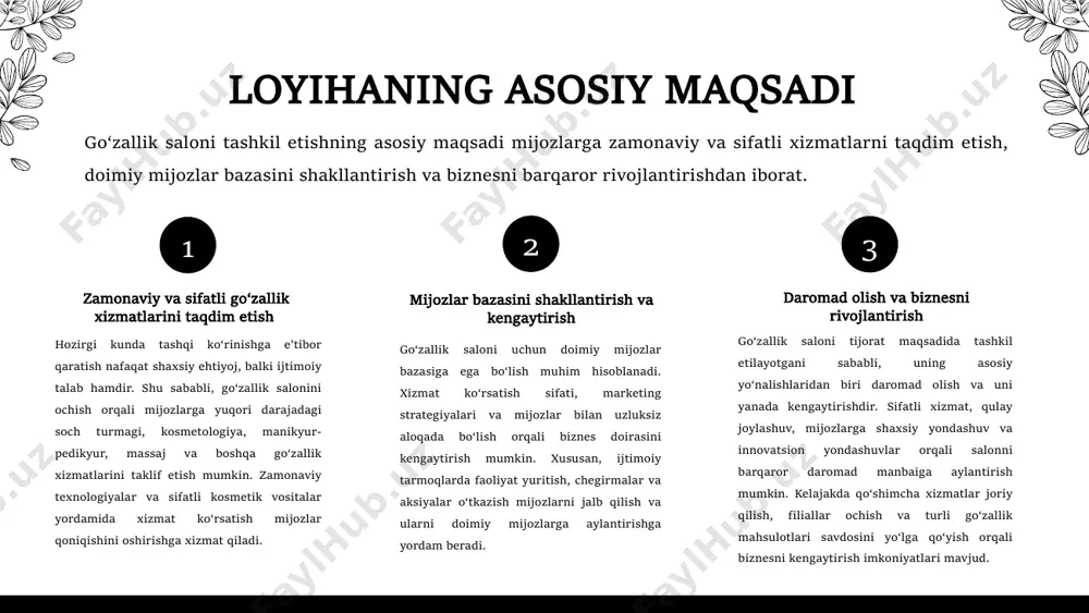 rdamida ortiqcha tuklardan xalos bo‘lish. depilyatsiya va boshqa xizmatlar joylashuv tanlovi mijozlarning qulay kelib-ketishi va biznes rivoji uchun muhim omillar. gavjum hududlarda joylashish mijoz oqimini oshiradi. avtoturargoh, jamoat transporti yaqinligi, atrof-muhit estetikasi. mos joy tanlash mezonlari o‘tish yo‘llariga yaqinlik mijozlar uchun qulay sharoitlar marketing strategiyasi raqamli marketing – instagram, facebook, telegram orqali auditoriyaga yetib borish. aksiya va chegirmalar – mijozlarni jalb qilish va raqobatda ustunlikka erishish. sodiqlik dasturi – doimiy mijozlar uchun chegirmalar va bonus tizimi. narx siyosati 2025 xizmatlar bo‘yicha narxlarni belgilash mezonlari – xarajatlarni qoplash va foyda olishni ta'minlash. raqobatchilar narxlariga qarab strategiya ishlab chiqish – bozor sharoitlariga moslashish va raqobatchilardan farqlanish. mijozlarga moslashtirilgan xizmat paketlari – turli darajadagi xizmatlar va paketlar orqali mijozlarga qoniqarli narxlarni taklif qilish. uskuna va materiallar salon uchun zarur asbob-uskunalar – soch turmaklash mashinalari, manikyur va pedikyur asboblari, kosmetologik uskunalar, va yuz parvarishiga oid texnikalar. sertifikatlangan kosmetika vositalari – yuqori sifatli, sertifikatlangan kosmetika …