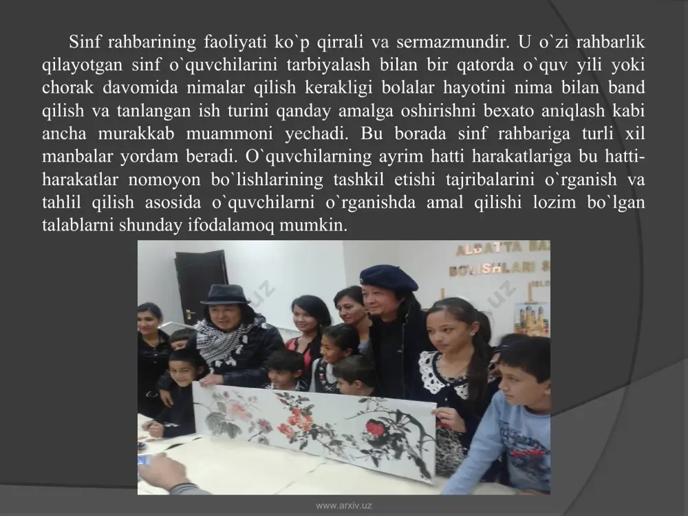 haqiqiy baho berishga yordam beradi. www.arxiv.uz www.arxiv.uz sinf rahbari quyidagi vazifalarni bajaradi: 1. o`ziga yuklatilgan sinfdagi tarbiyaviy ishlarni amalga oshiradi. bu vazifani bajarayotgan u yolg`iz emas shu sinfda dars berayotgan turli fan o`qituvchilar bilan yaqin xamkorlikda va ularga suyangan holda o`quvchilarda milliy dunyoqarash asoslarini shakllantiradi, axloqiy tarbiyasini rivojlantiradi. o`quvchilarni darsdan tashqari tadbirlarni tashkil etadi va sinf jamoasini mustahkamlaydi. 2. o`quvchilarning bilimga bo`lgan qiziqishi va qobilyatini o`stirish har bir o`quvchining indivudial psixik xususiyatlarini hisobga olgan holda kasbga yo`naltirish va hayotiy maqsadlarini shakllantirish sinf rahbarining alohida vazifasidir. ayni paytda har bir o`quvchining sog`ligini mustahkamlashga ham e`tibor beradi. 3. sinf rahbarining diqqat markazida o`kuvchilarning darsda yuqori o`zlashtirishini ta`minlash masalasi turadi. buning uchun u har bir o`quvchining kundalik o`zlashtirishida voqif bo`lib turadi. orqada qolayotganlarga o`z vaqtida, kechiktirmay yordam uyushtiradi. www.arxiv.uz www.arxiv.uz www.arxiv.uz www.arxiv.uz 4. sinfdagi o`quvchilarnint o`z o`zini boshqarish ishlarini yo`naltiradi, ular ishtirokida sinf jamoasining ijtimoiy foydali ishlardagi ishtirokini ta`min etadi, maktab miqiyosida uyushtirilayotgan …