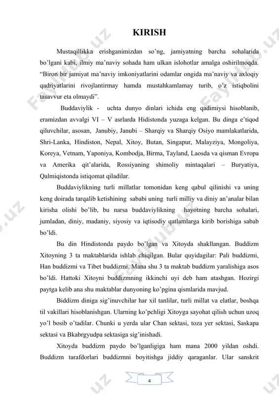 i millat va elatlar, boshqa til vakillari hisoblanishgan. ularning ko’pchligi xitoyga sayohat qilish uchun uzoq yo’l bosib o’tadilar. chunki u yerda ular chan sektasi, toza yer sektasi, saskapa sektasi va bkabrgyudpa sektasiga sig’inishadi. xitoyda buddizm paydo bo’lganligiga ham mana 2000 yildan oshdi. buddizm tarafdorlari buddizmni boyitishga jiddiy qaraganlar. ular sanskrit yozuvidagi ko’p asarlarni tarjima qilishdi va “tripitaka” katta asarni yig’ishga muvaffaq bo’lishdi. bundan tashqari ular buddizmning madaniy yodgorliklari ya’ni g’or, haykal, cherkovlarni yaratishgan. shuncha qiyinchiliklarga qaramay, buddizm hozirgi vaqtgacha yashab kelmoqda. buddaviylikning turli millatlar tomonidan keng qabul qilinishi va uning keng doirada tarqalib ketishining sababi uning turli milliy va diniy an’analar bilan kirisha olishi bo’lib, bu narsa buddaviylikning hayotning barcha sohalari, jumladan, diniy, madaniy, siyosiy va iqtisodiy qatlamlarga kirib borishiga sabab bo’ldi. 1 bo’lim xitoyda buddizmning paydo bo’lishi va yoyilishi afsonaga ko’ra, han dinastiyasi (eramizdan avvalgi 64 yil) imperatori mingning eng katta orzusidan biri boshining ustidan oltin ilohni uchirish edi. …