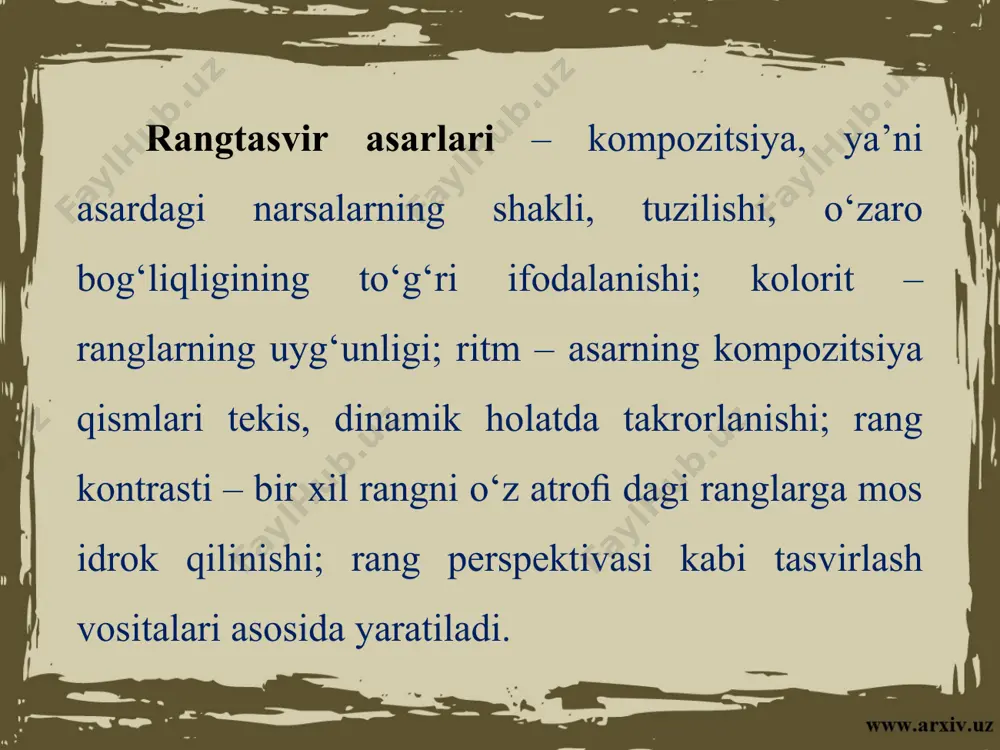 cho‘qqiga ko‘tarilishida, shubhasiz, bu san’atkor erishgan daraja shu kunda ham ibrat namunalaridan biri bo‘lib qolmoqda. plakat ustasi n. ten o‘z asarlarida hayotiy va ekologik mavzularni yoritadi. uning asarlaridagi ﬁkrni hech bir muammosiz, yaqqol anglash mumkin. bunga misol tariqasida «orol» manzarasi muammosiga bag‘ishlangan plakat dalildir. tabiatni muhofaza qilish, uning boyliklarini, hayvonot olamini asrash bugungi kunda muhim, dolzarb muammoga aylangan. manzara – peyzaj ma’lum bir joyning ko‘rinishi, tasviri, tasviriy san’at janri hisoblanadi. manzarada tabiat, dengiz ko‘rinishlari /marina/, daraxtzorlar, qirlar, shahar va qishloqlarning qiyofasi, umuman, turli joylarning tasviri orqali kishining his-tuyg‘ulari badiiy obrazlarda ifodalanadi. manzara o‘rta asrlarda xitoy, yaponiya; uyg‘onish davrida esa, yevropada rivoj topdi. o‘zbekistonda o‘.tansiqboyev manzara janridagi jozibador asarlari bilan mashhur. rassom n.g.karaxan chizgan tabiat manzaralari dekorativligi, ranglarning sharqqa xos jilvasi va yorqinligi bilan ajralib turadi. manzarachi rassomlar o‘rol tansiqboyev, nikolay karaxanlarning tabiat, hayot go‘zalliklarini madh etuvchi asarlari markazida shoirona his-tuyg‘ular bilan to‘la nurlar orqali kartinalar jonlangan. o‘zbekistonda xizmat ko‘rsatgan san’at …