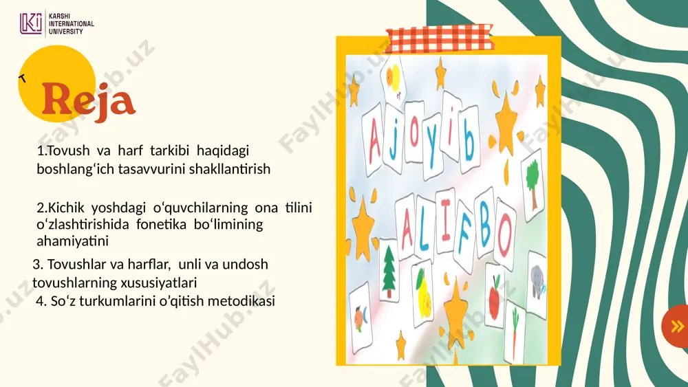 untazam bajaradi. shunda ular so‘zlar tarkibidagi tovushlarning tabiati, o‘zaro ta’siri kabi ayrim boshlang‘ich bilimlarni egallash malakasiga ega bo‘lishadi. tovushlar 2 guruhga bo‘linadi: unli va undosh tovushlar. uni o‘quvchilarga tushuntirishda quyidagi bеlgilar hisobga olinadi: diqqat! 1. talaffuz qilinish usuli. 2. ovoz va shovqinning ishtiroki 3. bo‘g‘in hosil qilish xususiyati o‘zbek alifbosida faqat bir nutq tovushini ifodalaydigan harflar 24 ta; diqqat! 3) bir belgi bilan nomi o‘zgargan harflar 2 ta (o-o‘, g-g‘); 4) umumiy harflar soni 29 ta, tovushlar esa 30 ta («j» harfi ikki tovushni bildiradi: jajji, jurnal). 2) ikki harf birikmasi bilan ifodalanadigan nutq tovushlari 3 ta (sh, ch, ng); 2-reja undoshlar jarangli undoshlar: d, g, b, g‘, j, dj, z, v, m, n, ng, l, r. jarangsiz undoshlar: t, k, p, x, ch, sh, s, f, q,h bolalar jufti yo‘q jarangli undoshlar so‘zning oxirida kеlganda ham talaffuzi yozilishiga mos kеlishini bilib olishlari yеtarli. jufti bor jarangli undoshlar so‘z oxirida …