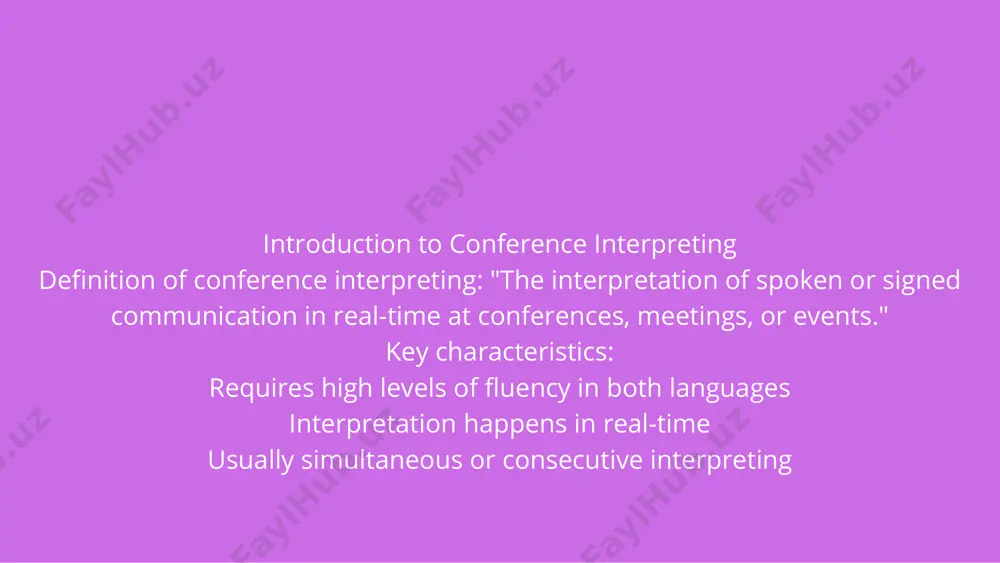 ing accurate and clear communication. faithfulness: interpreting both the meaning and tone of the original message, without adding personal bias. confidentiality: ensuring that the content being interpreted remains private and professional. during the conference: interpreting process for simultaneous interpreting: interpreter listens through headphones and speaks into a microphone. the interpretation is transmitted to the audience in real- time. for consecutive interpreting: the interpreter listens and takes notes. after the speaker finishes, the interpreter provides the translation. : technology in conference interpreting interpreter booths: specialized soundproof booths for simultaneous interpreters. digital platforms: remote interpreting via video conferences (e.g., zoom, webex). interpreter equipment: headphones, microphones, and transmitters for real-time interpretation. challenges in conference interpreting high pressure: the need for accuracy and clarity in real- time. complex vocabulary: technical terms or jargon can be difficult to interpret on the fly. fatigue: the mental strain of interpreting for long periods. cultural differences: ensuring that …