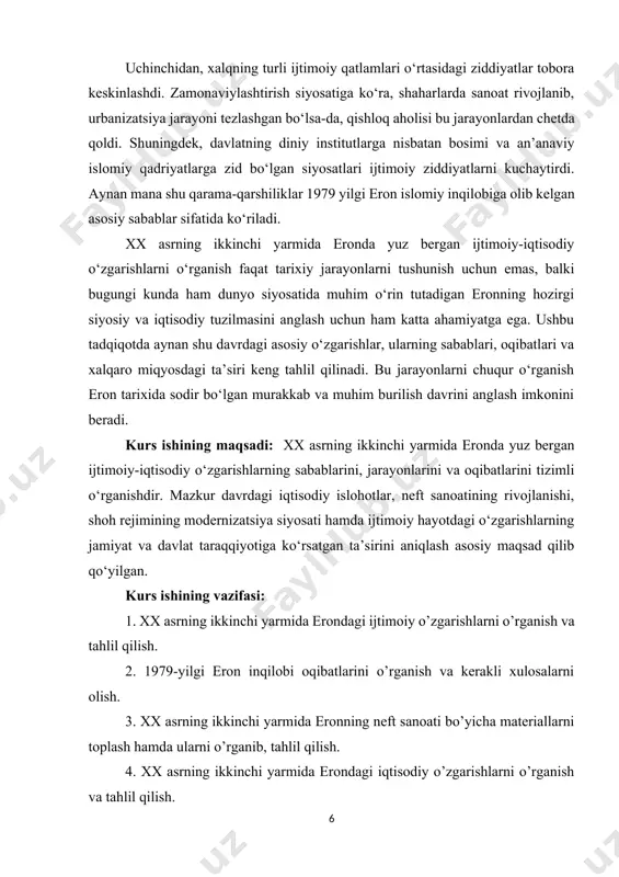 eti: xx asrning ikkinchi yarmida eronda yuz bergan ijtimoiy-iqtisodiy o‘zgarishlar, ularning sabablarining tahlili va jamiyatdagi ta’sirini tashkil etadi. bu jarayonlar orqali mamlakatning siyosiy, iqtisodiy va ijtimoiy tuzilmasidagi o‘zgarishlar va bu o‘zgarishlarning xalqning turmush tarziga, madaniyati va siyosiy faolligiga qanday ta’sir qilganligi o‘rganiladi. predmet sifatida erondagi ijtimoiy-iqtisodiy islohotlar, davlatning iqtisodiy siyosati, shuningdek, bu jarayonlarning mamlakatning ichki va tashqi siyosiy holatiga qanday ta’sir qilganligi ko‘rib chiqiladi mavzuni o‘rganganlik darajasi: xx asrning ikkinchi yarmida eronda yuz bergan ijtimoiy-iqtisodiy o‘zgarishlarni chuqur tahlil qilish, ularning mamlakat siyosati, iqtisodiyoti va jamiyatiga ta’sirini o‘z ichiga oladi. bu davrda eronning iqtisodiy modernizatsiyasi, shuningdek, siyosiy va ijtimoiy sohalardagi islohotlar bilan bog‘liq jarayonlar keng o‘rganildi. o‘rganish davomida, eronning neft sanoati, "oq inqilob" dasturi va urbanizatsiya kabi omillar va ularning ijtimoiy qatlamlar o‘rtasidagi ziddiyatlarni kuchaytirishi haqida batafsil ma’lumotlar to‘plandi. mavzu bo‘yicha o‘rganilgan materiallar, tahlillar va tarixiy manbalar yordamida eron tarixidagi ijtimoiy-iqtisodiy jarayonlarning chuqur va keng qamrovli tahlili amalga oshirildi. kurs ishining …