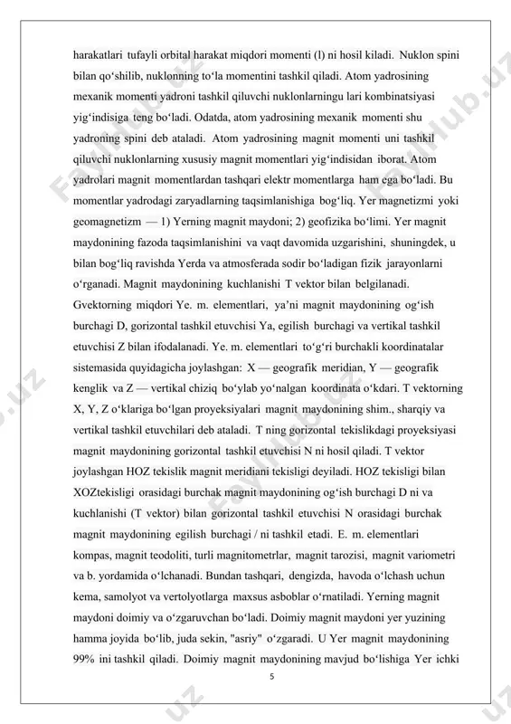 qalarni buzadi. kosmosda oʻtkazilgan i. t.lar yer magnit maydoni koʻp miqdorda katta energiyali elektron va protonlarni qamrab olganligini koʻrsatadi hamda ularning energiyasi va konsentratsiyasi yerdan uzoqdagi geomagnit kenglikka qarab oʻzgaradi. yer goʻyo magnit maydoni bilan qamrab olingan ulkan radiatsion mintaqa bilan oʻralganday koʻrinadi. ichki mintaqa 45° kenglik bilan chegaralanib, yer sathidan 500—5000 km uzoqlikda joylashgan. tashqi mintaqa 12000—32000 km balandlikda. geomagnit maydonining variatsiyalari davriy va davriy boʻlmagan xillarga boʻlinadi. davriy variatsiyalarga yillik, sutkalik variatsiyalar kiradi. davriy boʻlmagan variatsiyalarga qisqa vaqtli kuchli magnit boʻronlari, toʻlqinlari kiradi. bu variatsiyalar, asosan, toʻsatdan, tartibsiz ravishda roʻy beradi. magnit toʻlqinlaridan hosil boʻladigan variatsiyalar, asosan, quyoshdagi oʻzgarishlarga va fazodagi turli jarayonlarga bogʻliq. yer magnit maydonining hosil boʻlish sabablary va unga bogʻliq boʻlgan hodisalarni geofizikaning magnitometriya sohasi oʻrganadi. yer magnit maydoni yerning har bir nuqtasiga qoʻyilgan magnit miliga bir xil taʼsir etadi. ye. m.ni oʻrganish natijasida olingan maʼlumotlar har 5 yilda tuziladigan magnit haritalarida tasvirlanadi. izogon chiziqlarning …