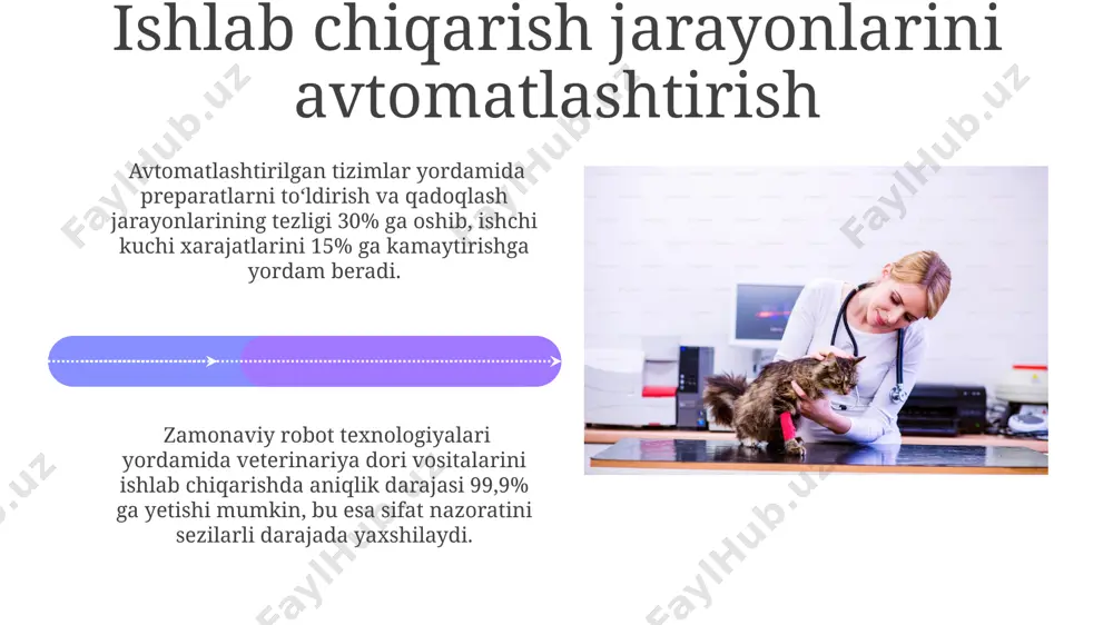 ishlab chiqarishda 50% dan ortiq jarayonlar avtomatlashtirilgan boʻlib, bu esa aniqlikni oshiradi va inson xatoligini kamaytiradi, shuningdek, ishlab chiqarish tezligini 20% ga oshiradi. sterilizatsiya va aseptika usullari aseptika usullarida gmp (good manufacturing practice) standartlariga muvofiq 0,22 µm li filtrlar yordamida suyuqliklarni steril holatda saqlash ta'minlanadi. gamma-nurlantirish orqali 25-50 kgy dozasi bilan veterinariya preparatlarining sterillashuvi 10⁶ cfu/g dan kam bakteriya sonini ta'minlaydi. kelajakdagi istiqbollar biotexnologiya va genetik muhandislik yordamida yangi avlod antibiotiklari va antiviral preparatlarini yaratish bo'yicha tadqiqotlar intensiv olib borilmoqda, bu esa 5-10 yil ichida veterinariya amaliyotiga yangi samarali dorilarni kiritish imkonini beradi. hayvonot dorilarini ishlab chiqarishda sun'iy intellekt va mashinaviy o'rganish texnologiyalarining qo'llanilishi 2030-yilga borib 30% ga samaradorlikni oshirishi va xarajatlarni 15% ga kamaytirishi kutilmoqda. e'tiboringiz uchun rahmat @taqdimot_robot image4.jpg image5.jpg image6.jpg image7.jpg image8.jpg image9.jpg image10.jpg image11.jpg image12.jpg image13.jpg image14.jpg image15.jpg image16.jpg image17.jpg image18.jpg image19.jpg image20.jpg image1.jpeg image2.jpeg image3.jpeg