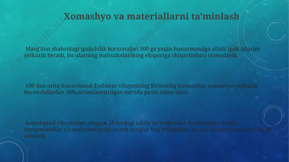 iyozli kreditlar taqdim etadi. farg'ona vodiysida an'anaviy kulolchilikni oilaviy biznes sifatida rivojlantirish bo'yicha 2022-yilda o'tkazilgan tadqiqotlar, 70% oilalarning daromadini 2 barobarga oshirganligini ko'rsatdi. oilaviy hunarmandchilikni rivojlantirish uchun samarqand viloyatida 2023-yilda 5 ta yangi hunarmandchilik markazi ochilib, 100 dan ortiq oilaga ish o'rinlari yaratildi. e'tiboringiz uchun rahmat @taqdimot_robot image3.png