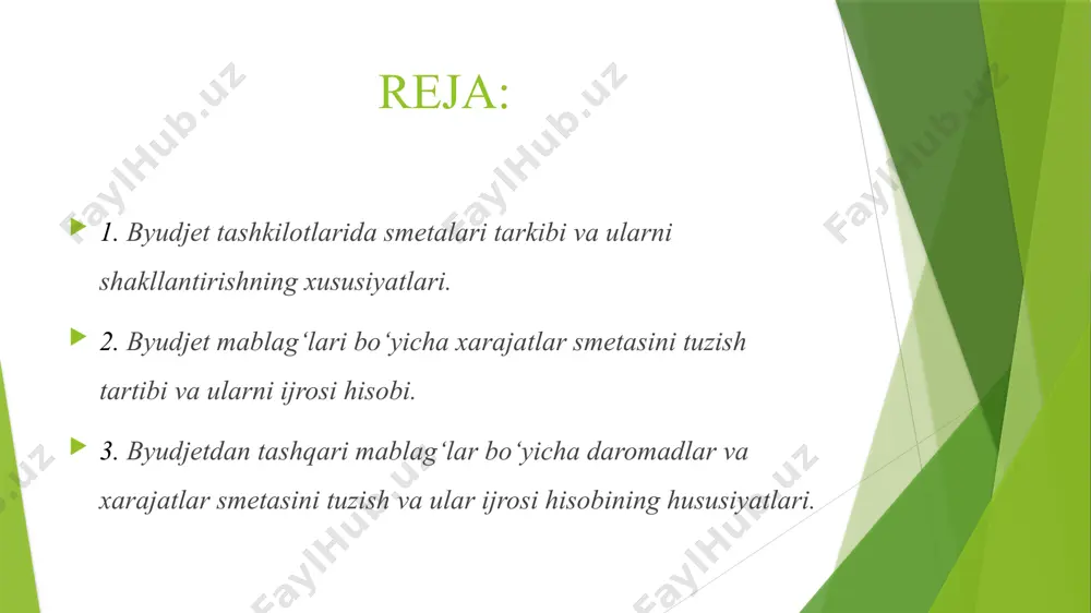 espublikasining respublika byudjetlarida hamda mahalliy byudjetlarda turuvchi tashkilotlarni moliyalashtirish, ular uchun tasdiqlangan xarajatlar smetalari asosida amalga oshiriladi. vaqtinchalik xarajatlar smetasi – tashkilotlarning xarajatlar smetasi tasdiqlangunga va ro‘yxatdan o‘tkazilgunga qadar amal qiluvchi hujjat bo‘lib, unda budjet tashkilotlari uchun ko‘zda tutilgan, qonunchilikka o‘zgartirishlarni hisobga olgan holda, har oyda avvalgi moliya yilining oxirgi choragidagi budjetdan ajratiladigan mablag‘larning uchdan bir qismidan ortiq bo‘lmagan miqdorlardagi budjetdan ajratilgan mablag‘lar (xarajatlar rejasi) aks ettiriladi; byudjet tashkilotlari o‘zbekiston respublikasi vazirlar mahkamasining 1999 yil 3 sentyabrdagi 414-sonli “byudjet tashkilotlarini mablag‘ bilan ta’minlash tartibini takomillashtirish to‘g‘risida”gi qaroriga muvofiq xarajatlarning quyidagi guruhlari davlat byudjetidan mablag‘ bilan ta’minlanadi: i. ish haqi va unga tenglashtirilgan to‘lovlar (bolali oilalarga nafaqalar va kam ta’minlangan oilalarga moddiy yordam, stipendiyalar va boshqalar); ii. ish haqiga qo‘shimchalar; iii. kapital qo‘yilmalar (davlat investitsiya dasturida nazarda tutilgan aniq ro‘yxatlarga muvofiq); iv. boshqa xarajatlar. 2. byudjet mablag‘lari bo‘yicha xarajatlar smetasini tuzish tartibi va ularni ijrosi hisobi xarajatlar smetasiga o‘zbekiston respublikasi qonunlari, …