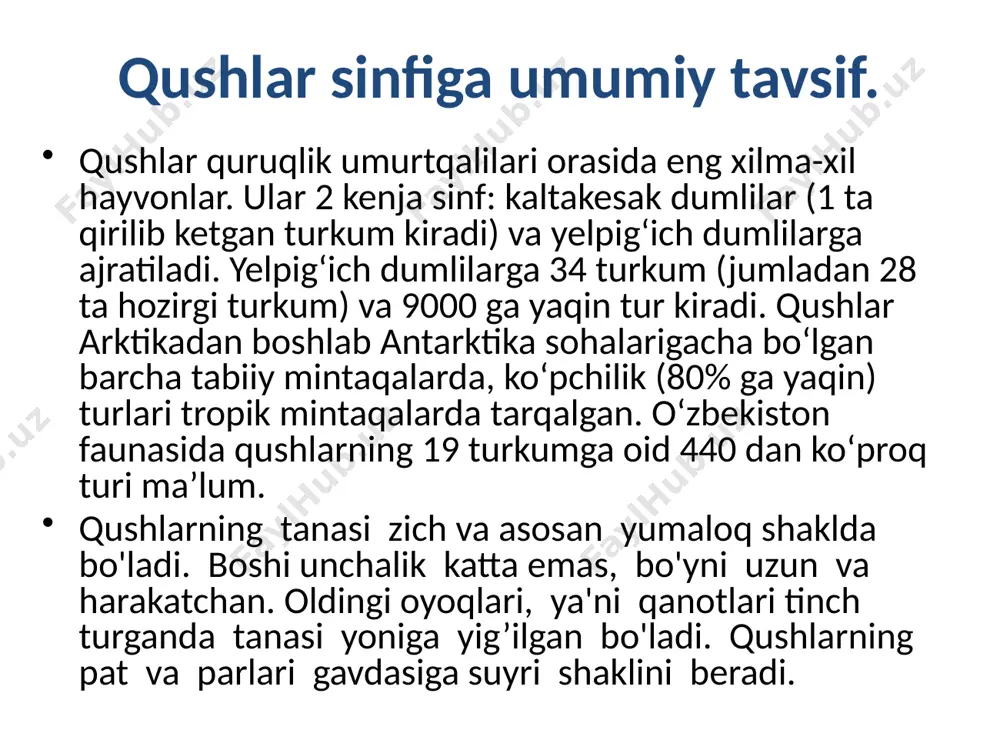 to'liq javob topilmagan. uchib ketuvchi qushlarda migratsiya uchun kerakli umumiy yo'nalishni aniqlaydigan tug'ma migratsion instinkt bo'ladi. eksperimental (ekshirishlar va dala kuzatishlaridan ma'lumki, migratsiya qiluvchi qushlar astronavigatsiyaga qobiliyatlidir, ya'ni migratsiya vaqtida quyosh, oy va yulduzlaming holatiga qarab kerakli yo'nalishni tanlaydi. yomg’ir yoqqanda, havoda bulut bo'lganda yoki planetariy tajribalarida osmon yulduzlarining tabiiy holati o'zgartirilganda migratsiya qiluvchi qushlarning orientatsiyasi keskin yomonlashadi. qush tomonidan migratsiya vaqtida tanlangan umumiy yo'nalish ko'rish organi - k o 'z yordamida bajariladi. kelib chiqishi. qushlar qadimgi sudralib yuruvchilardan kelib chiqqan. ularning eng qadimgi ajdodi - arxeopteriksning toshga aylangan suyak va patlari topilgan. arxeopteriks oyoqlaridagi barmoqlaridan biri orqada, qolgan uchtasi oldinga qaragan bo'lishi uning daraxtda yashaganligini ko'rsatadi. qushlarning tuzilishida ham sudralib yuruvchilarga o'xshash bir qancha belgilar mavjud. xususan, qushlar iligi va barmoqlarida tangachalar saqlanib qolgan, terisi quruq, ter bezlari rivojlanmagan; sudralib yuruvchilar singari yirik tuxum qo'yib ko'payadi. iqtisodiy ahamiyati. qushlarning inson xo'jaligidagi ahamiyati juda katta. uy parrandalari qishloq xo'jaligida g’oyat …