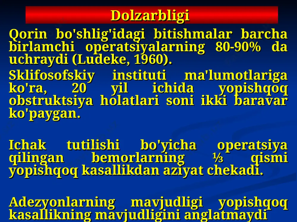 tining surunkali gipotenziyasi (katta qorin sindromi) bitishmalar va operatsiyadan keyingi ventral churralar o'tkir yopishqoq obstruktsiya (obstruktiv, strangulyatsiya) takroriy yopishtiruvchi obstruktsiya yashirin shakl. ii. og'riqli shakl: kattaroq omentum sindromi; refleksli enterit rivojlanishi bilan ingichka ichakning patologik fiksatsiyasi (spastik faza); irritabiy ichak sindromi - spastik faza. iii. oshqozon-ichak traktining noqulayligi, ingichka ichak pseudoileus belgilari bilan qorin bo'shlig'ining ishemik shakli; irritabiy ichak sindromi; atonik faza; yo'g'on ichak pseudoileus rivojlanishi bilan funktsional dolichokolon; ikkilamchi raflux enterit, iv. surunkali takroriy ichak tutilishi: ingichka ichakning subkompensatsiyalangan stenozi; yo'g'on ichakning yopishqoq deformatsiyasi. v. ichakning o'tkir yopishqoqligi, vi. operatsiyadan keyingi ventral churralar kasallikning shakllaridan biri bilan birgalikda tekshirish ususli ( bariy sulfat bilan kontrast rentgenogammada ) bariy suspenziyasini alohida halqalarda cho'ktirish gipermotor tipdagi diskineziya - 8% gipomotor tipdagi diskineziya - 37-40% distonik o'zgarishlar - 45% epigastral sindrom oshqozonning disfunktsiyasi bilan og'riq sindromining kombinatsiyasi organ peristaltikasining buzilishi oshqozonning evakuatsiya funktsiyasini buzishsekretsiyaning ikkinchi bosqichini kuchaytirish peduodenal va duodenal stenozni belgilarining …