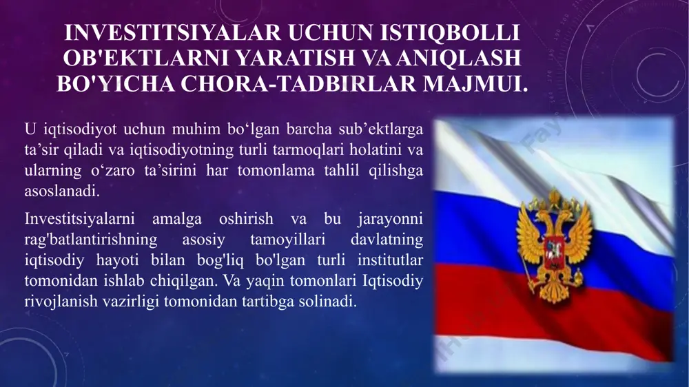 tmoqda. kelgusi besh yil ichida 39 ta yangi bog' tashkil etish rejalashtirilgan. investitsiyalar uchun eng istiqbolli yo'nalishlari ular kirish yo'llari, jumladan, temir yo'l, elektr, suv, o'zlarining tozalash inshootlari va chiqindilarni qayta ishlash korxonalariga ega platformani ifodalaydi. bitta park 10 dan 30 tagacha korxonani o'z ichiga olishi mumkin. ko'pincha ularning mahsulotlari bir-biriga bog'langan. masalan, zamonaviy qurilish bloklari ishlab chiqaradigan korxonalar yonida metall prokat ishlab chiqaruvchi zavodlar tashkil etilmoqda. ayni paytda bu investitsiyalar uchun eng istiqbolli yo'nalishlardan biridir. mavjud bog'larning qariyb 43 foizi davlatga tegishli bo'lib, bu xususiy investorlarning mablag'lari kiritilishini istisno etmaydi. taxminan 57% xususiy mulkka va 1% aralash mulkka ega. davlatning roli davlat iqtisodiy faoliyatning ayrim sohalari rivojlanishi barqarorligining kafolati hisoblanadi. u kapitalning rossiyadan chiqib ketishini cheklashga, mavjud rejalarni amalda amalga oshirish tizimini joriy etishga intiladi. biroq, bu jarayonda investitsiya jarayonini debyurokratlashtirish muhim rol o'ynaydi. so'nggi yillarda asosiy maqsad sezilarli darajada o'zgardi. endi chet el investorlarini jalb qilish emas, balki …