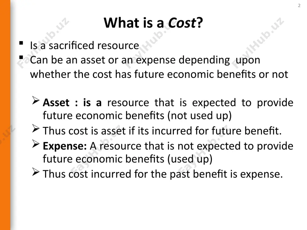 based on the following: relationship of the cost to the product. the department where the cost is incurred. relationship of the cost to the production process. the period to which the cost is charged to income. relationship of the cost to volume of production. the ability to be traced relationship of cost to planning, controlling, and decision making. 6 1. based on relationship of the cost to the product based on the relation ship of costs to the product, costs can be classified as: direct material costs , direct labor costs , and overhead costs. 7 direct materials cost: direct materials : are material that become an integral part of finished products. they are physically traced to the product example: the direct materials for a baker include flour, eggs, yeast, sugar, oil, and water direct material for furniture is timber , steel direct material costs are all the costs of …