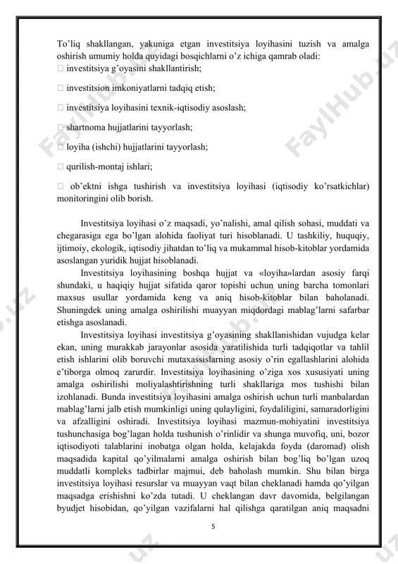 farqi shundaki, u haqiqiy hujjat sifatida qaror topishi uchun uning barcha tomonlari maxsus usullar yordamida keng va aniq hisob-kitoblar bilan baholanadi. shuningdek uning amalga oshirilishi muayyan miqdordagi mablag’larni safarbar etishga asoslanadi. investitsiya loyihasi investitsiya g’oyasining shakllanishidan vujudga kelar ekan, uning murakkab jarayonlar asosida yaratilishida turli tadqiqotlar va tahlil etish ishlarini olib boruvchi mutaxassislarning asosiy o’rin egallashlarini alohida e’tiborga olmoq zarurdir. investitsiya loyihasining o’ziga xos xususiyati uning amalga oshirilishi moliyalashtirishning turli shakllariga mos tushishi bilan izohlanadi. bunda investitsiya loyihasini amalga oshirish uchun turli manbalardan mablag’larni jalb etish mumkinligi uning qulayligini, foydaliligini, samaradorligini va afzalligini oshiradi. investitsiya loyihasi mazmun-mohiyatini investitsiya tushunchasiga bog’lagan holda tushunish o’rinlidir va shunga muvofiq, uni, bozor iqtisodiyoti talablarini inobatga olgan holda, kelajakda foyda (daromad) olish maqsadida kapital qo’yilmalarni amalga oshirish bilan bog’liq bo’lgan uzoq muddatli kompleks tadbirlar majmui, deb baholash mumkin. shu bilan birga investitsiya loyihasi resurslar va muayyan vaqt bilan cheklanadi hamda qo’yilgan maqsadga erishishni ko’zda tutadi. …