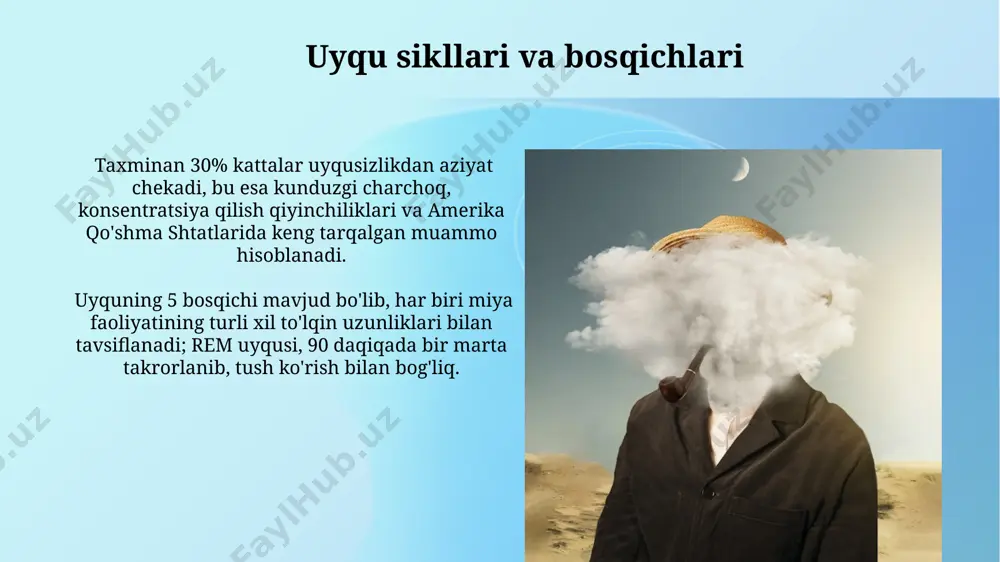 yqu yurish (somnambulizm) bolalarda kattalarga nisbatan ko'proq uchraydi, masalan, aqsh tadqiqotlariga ko'ra, 15% bolalarda ushbu hodisa kuzatiladi, va odatda erta bolalik davrida uchraydi. qo'rquv tushumlari (night terrors) ushbu hodisa miya to'lqinlarining delta to'lqinlari faolligi bilan bog'liq bo'lib, aqshda o'tkazilgan tadqiqotlarga ko'ra, har 100 bolaning 1-5 tasida kuzatiladi. kechki dahshatlarning davolash usullari psixoterapiya va ba'zi hollarda dorivor vositalarni o'z ichiga oladi, masalan, benzodiazepinlar, lekin ularning samaradorligi har bir bemorda farq qilishi mumkin. uyqu va stress stressning 30% gacha uyqusizlikka olib kelishi ilmiy tadqiqotlar bilan tasdiqlangan bo'lib, aqshning milliy uyqu jamg'armasi ma'lumotlariga ko'ra, bu raqam rivojlangan mamlakatlarda yuqori. surunkali stress kortizol gormoni darajasining uzluksiz yuqori bo'lishini keltirib chiqaradi, bu esa uyqu siklini buzadi va 5 soatdan kamroq uyqu bilan chegaralanadi. uyqu paraliçi uyqu falaji 1000 dan ortiq odamda uchraydigan, dunyoning turli burchaklarida, jumladan, o'zbekistonda ham keng tarqalgan bir holat bo'lib, uyqu va uyg'onish o'rtasidagi rem uyqu bosqichi bilan bog'liq. uyqu falaji uchraydigan …