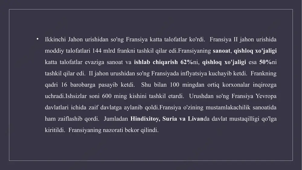 hilik harakati qahramoni general sharl de goll boshchilik qildi. hukumat tarkibiga qarshilik harakatida faol qatnashgan partiyalar vakillari kirdi. demokratik tuzum tiklandi. fashistik rejim arboblari javobgarlikka tortildi. ulardan ikki ming kishi qatl qilindi. 1945 yil oktyabrda ta’sis majlisiga saylovlar o‘tkazildi. unda so‘l kuchlar g‘alaba qozondi. fransiya kommunistik partiyasi (fkp), sotsialistik partiya (sp) va katoliklarning xalq-respublikachilik harakati partiyasi (xrxp) eng ta’sirli kuchlarga aylandi. ana shu kuchlarning hamkorligiga asoslangan hukumatni yana sharl de goll boshqardi. xalq fronti davrida qabul qilingan ijtimoiy va mehnat qonunchiligi tiklandi. banklar va sugurta kompaniyalari natsionalizatsiya qilindi. yangi konstitutsiyani ishlab chikish jarayoni qattiq kurashlar ostida o‘tdi. ta’sis majlisi ishlab chiqqan loyiha so‘l kuchlar qarashini aks ettirib, prezident vakolatlarini ancha kengaytirishni istayotgan de goll karashlariga zid edi. muvaqqat hukumat boshlig‘i, «ozod fransiya» tashkilotining asoschisi general sharl de goll mamlakatda ulkan obro‘ga ega edi. ko‘pchilik fransuzlar uni qarshilik tashkilotining asoschisi, «fransiyaning xaloskori», «qutqaruvchi» deb hisoblardi. de goll mustaqil tashqi siyosat olib …