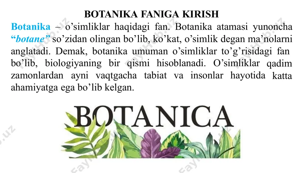 na fit-tibb” nomli asarida diyorimizda o’sadigan juda ko’p dorivor o’simliklar haqida ma‘lumotlar bergan. abu ali ibn sino (980-1037 yy.) “tib qonunlari” va “kitob o’sadigan ush-shifo” ko’pgina nomli dorivor asarlarida o’simliklarni o’rta aniq osiyoda tavsiflab, ularning shifobaxsh xususiyatlarini to’liq ko’rsatgan. ix mahmud qoshg’ariyning asrda lug’atit yashagan turk” nomli hududida uchraydigan kitobida 200 ga ham yaqin qadimgi o’simlik “devonu turkiston turlarini ta‘riflab beriladi. zahiriddin muhammad 1530) - buyuk davlat bobur arbobi, (1483- shoir bo’libgina qolmay, shu bilan birga yirik tabiatshunos olim hamdir. “boburnoma” asarida markaziy afg’oniston, hindiston u o’zining osiyo, kabi mamlakatlarining tarixi, xalqlarning turmush tarzi, jo’g’rofiyasi, madaniyati, shuningdek o’simliklar va hayvonot olami to’g’risida qiziqarli ma‘lumotlar berilgan. botanika fanining rivojlanish tarixi italiyalik botanik andreo sezalpin (1510-1603) o’simliklarni sun‘iy sistemasini yaratdi. o’simliklar olamini 2 bo’limga: yog’ochli o’simliklarga (daraxt, buta) hamda chala buta va o’t o’simliklarga bo’ldi. ularni o’z navbatida 15 sinfga ajratdi. sinflarga bo’lganda gul, meva, uya va undagi urug’larning sonini hamda murtak …