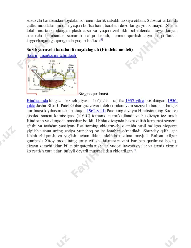 bhai j. patel gobar gaz zavodi deb nomlanuvchi suzuvchi baraban biogaz qurilmasi loyihasini ishlab chiqdi. 1962-yilda patelning dizayni hindistonning xadi va qishloq sanoat komissiyasi (kvic) tomonidan maʼqullandi va bu dizayn tez orada hindiston va dunyoda mashhur boʻldi. ushbu dizaynda hazm qilish kamerasi sement, gʻisht va toshdan yasalgan. reaktorning chiqaruvchi qismida hosil boʻlgan biogazni yigʻish uchun uning ustiga yumshoq poʻlat baraban oʻrnatiladi. shunday qilib, gaz ishlab chiqarish va yigʻish uchun ikkita alohida tuzilma mavjud. ruhsat etilgan gumbazli xitoy modelining joriy etilishi bilan suzuvchi baraban qurilmasi boshqa dizayn kamchiliklari bilan bir qatorda nisbatan yuqori investitsiyalar va texnik xizmat koʻrsatish xarajatlari tufayli deyarli muomaladan chiqarilgan[5]. image2.png image1.jpeg