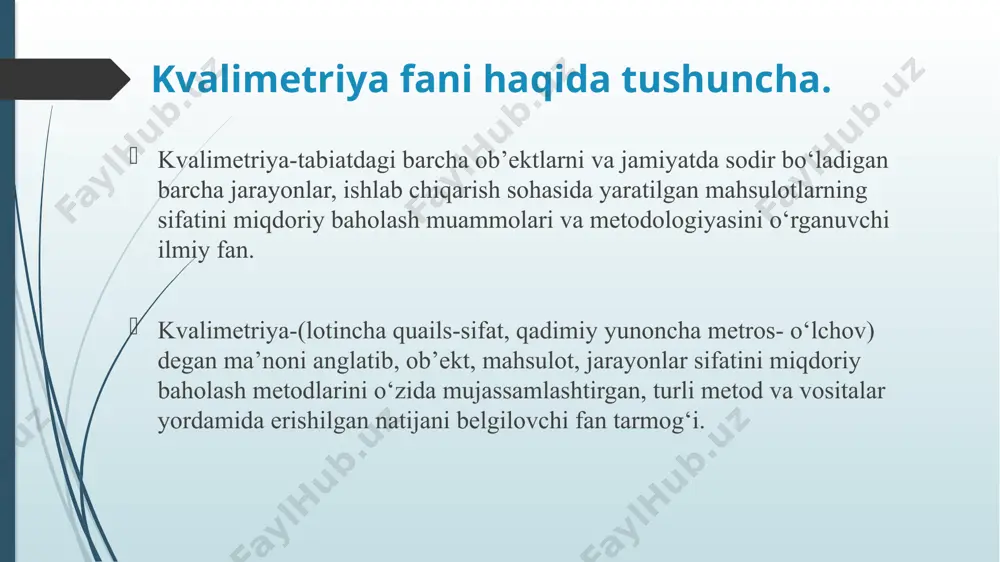 n pedagogik kvalimetriyada kadrlarni tayyorlashda malaka talablari etalon sifatida qabul qilingan bo‘lib, pedagogik kadrlarning kasb malakasi va pedagogik mahorati sifati taqqoslash orqali aniqlanadi. raqobatbardosh pedagogik kadrlarni tayyorlash jarayonida mazkur jarayonni maqsadga muvofiq tashkil etish va boshqarishni rejalashtirish, o‘quv jarayonini modernizatsiyalash, mazkur jarayonni metodik va texnik jihatdan ta’minlashni talab etadi. pedagogik kvalimetriya yillar davomida to‘plangan tajribalar, dalillar asosida vujudga kelgan va shakllangan ilmiy-nazariy fan bo‘lib, ta’lim-tarbiya jarayonida qo‘llaniladigan pedagogik innovatsiya va unga bog‘liq holda o‘qituvchining pedagogik faoliyatini yaxlit o‘rganadi.4 ! pedagogik kvalimetriya pedagogik jarayon va o‘qituvchining pedagogik faoliyatining sifatini belgilaydi. pedagogik kvalimetriyaning fan sifatida shakllanishi va rivojlanish tarixini shartli ravishda uch davrga bo‘lib o‘rganish mumkin: antik davr va o‘rta asrlarda rivojlanishi, ya’ni hali ilmiy asoslanmagan, empirik rivojlanish davri. xvi-asr va xix-asrning oxirigacha bo‘lgan davr, ta’lim-tarbiya jarayonining sifati bo‘yicha dastlabki tasavvurlar paydo bo‘lgan davr. pedagogik kvalimetriyaning yangi va eng yangi rivojlanish davri, ya’ni ilmiy asoslangan, metodologik asoslari aniqlangan, nazariy, maxsus va amaliy …
