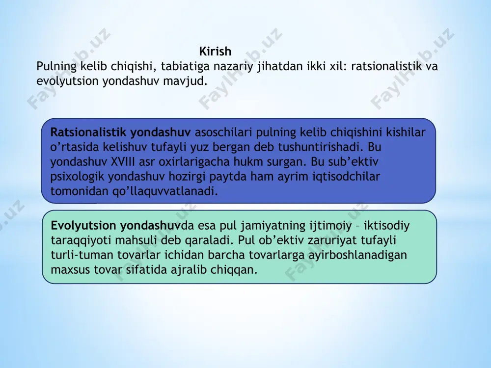 ltin, kumushni qidirib topish, qazib chiqarish va undan tangalar tayyorlash uchun sarflangan mehnat xarajatlari bilan o’lchanadi. pulning miqdoriylik nazariyasida pul ichki qadr-qimmatga ega emas. pulning qimmati muomaladagi pul miqdori bilan aniqlanadi degan fikr ilgari suriladi. pulninng oltin asosi bekor qilingan. 1.pulning metalistik nazariyasi metallistik nazariya namoyondalari u.stafford (1554-1612) t.men (1571-1641) d.nors (1641-1691) bu nazariyaga ko’ra qimmatbaho metallar oltin va kumusho’z tabiatiga ko’ra pul. bu nazariyada pul va qimmatbaho metallar aynan bir xil narsa deb qaraladi. g'arbiy yevropada boshlangich metallistik nazariyasini vujudga kelishi metallarning barqaror muomalada bo‘lishini yoqlab chiqishdi ularning nazariyasi uchun davlatning boyligini pullar bilan, pullarning o ‘zini esa asl metallar bilan bir xil deb tushu-nishgan. ular pullarning mohiyatini asl metallarning ijtimoiy xususiyatlari emas, balki tabiiy xususiyatlari bilan bog’lashgan, pullarga ijtimoiy, ishlab chiqarish munosabati sifatida qarash-magan, balki ulami buyum deb bilishgan. shuning uchun ular pullarning to'laqonli tangalarni talab qiladigan funksiyalarini, ayniqsa, jahon pullari va xazinalar funksiyalarini mutloqlashtirdi. 2.pulning nominalistik nazariyasi …