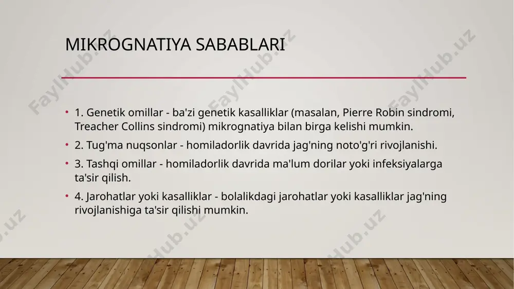 peratsiyalar: - ba'zi hollarda pastki va yuqori jag'larni birgalikda operatsiya qilish talab qilinadi. bu yuzning simmetriyasini va funktsiyasini yaxshilaydi. 4. ortognatik jarrohlik: - bu usul ortodontik davolash bilan birga amalga oshiriladi. birinchi navbatda tishlar to'g'ri joylashishi uchun ortodontik davolash (breketlar) qo'llaniladi, so'ngra jarrohlik amaliyoti orqali jag' suyaklari to'g'rilanadi. prognatiya 1. rejalashtirish va tayyorgarlik: - birinchi konsultatsiya: jarroh va ortodont bemorning holatini baholaydi, rentgen, 3d skaner yoki boshqa diagnostika usullaridan foydalanadi. - ortodontik tayyorgarlik: operatsiyadan oldin tishlarni to'g'ri joylashtirish uchun breketlar qo'llaniladi. bu bir necha oylarni oladi. ### 2. operatsiya kunidagi bosqichlar: 2. kesish: jarroh og'iz ichidan yoki ba'zan tashqaridan kichik kesma qiladi. 3. suyakni kesish (osteotomiya): pastki jag' suyagi rejalashtirilgan joylarda kesiladi. bu kesma sagittal split osteotomiya deb ataladi. 4. jag'ni to'g'rilash: kesilgan suyak bo'laklari to'g'ri joylashuvi uchun siljitiladi. 5. mahkamlash: suyak bo'laklarni yangi joyida mahkamlab qo'yish uchun vintlar, plitalar yordamida mahkamlanadi. ### 3. operatsiyadan keyingi davr: - dastlabki tiklanish …