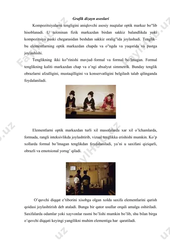 di. birinchi navbatda asosiy e’tibor katta o’lchamdagi ob’ektlarga undan so’ng esa kichikrog’iga tushadi. saxifaning barcha elementlari kompozitsiyasi ma’lum bir joy olishi kerak, ularning o’lchamliligik qiymati kompozitsiyada bir butun xisoblanadi. elementlar rangi, o’lchami yoki boshqa sifat bo’yicha bir xillilik monotonlik deb ataladi. biror bir elementga yorqin rang, o’lcham yoki stildan faydalanish diqqatni qaratishning unumli usuli xisoblanadi. misol uchun negativ, qizil rangda oq-qora e’lon yoki noodatiy shrift stilidan foydalanish. butun sayt saxifalari (yoki jo’rnal) bo’ylab stil ko’rinishi bo’yicha bog’liqlilik mavjud bo’ladi. bunday bog’liqlilikka formatlar, stil, yagono usullardan foydalanish orqali erishiladi: logitop, chizilgan personaj. birlik–bu barcha elementlarni bir butun bog‟lamasi kompozitsiya ko‟pincha turli xil qismlardan tashkil topgan bo'lsa ham ular o’zaro bog’liq, bo’lishi kerak, chunki kompozitsiya gormonik taьsirot koldirishi kerak. birlikka erishish uchun tenglik, joylashtirish, proportsionallik, yorqinlilik va ranglardan birgalikda foydalanish kerak. bulardan tashqari boshqa usullardan har foydalanish mumkin: –bitta shirft; –bitta tasvirni boshqasiga yoki bitta elementni boshqasiga joylashtirish; –pobellardan foydalanish; –grafik usullar: …